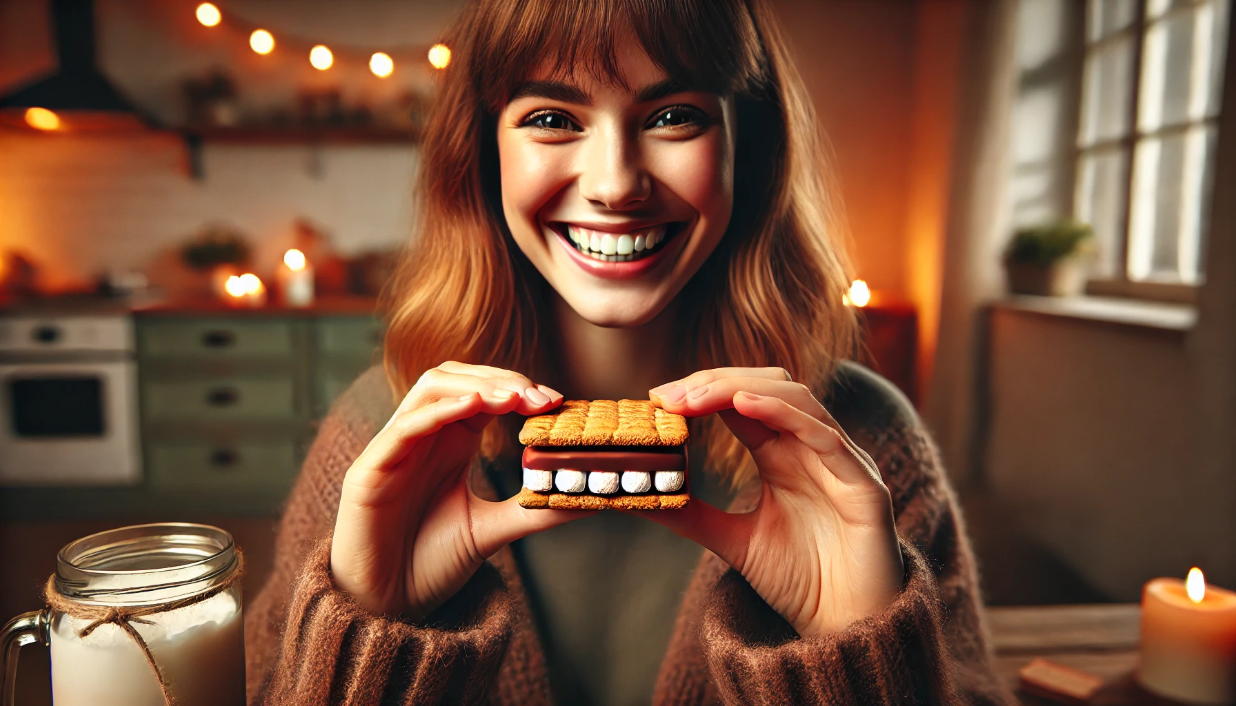 A delighted person holding a chocolate-coated snack with marshmallow sandwiched between biscuits, smiling in a cozy setting with warm lighting, enjoying the snack happily. 16:9 aspect ratio.