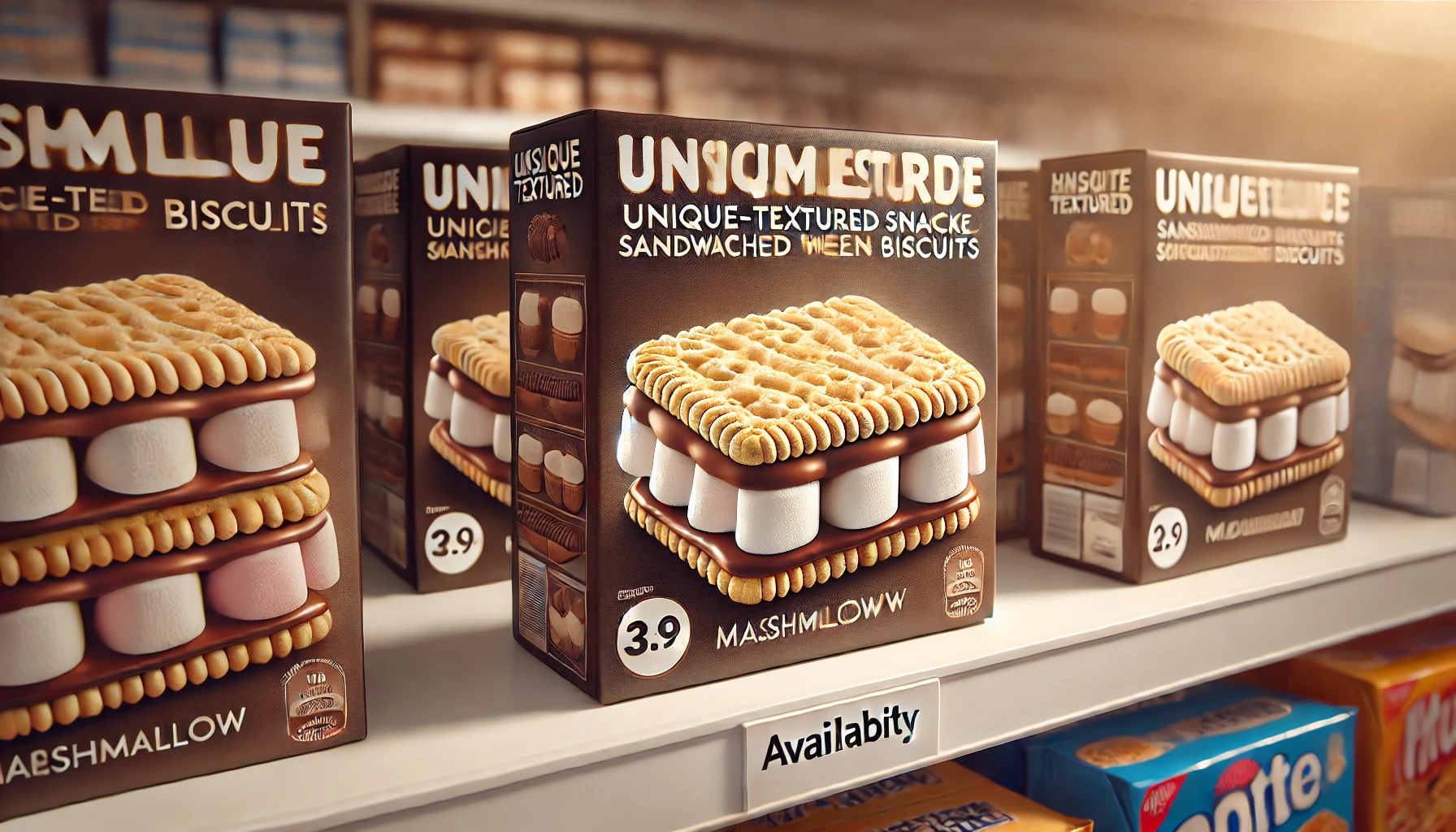 A unique-textured snack featuring marshmallow sandwiched between biscuits and coated in chocolate, displayed in a store setting on a shelf with other snacks, conveying availability. Soft lighting highlighting the snack packaging, 16:9 aspect ratio.