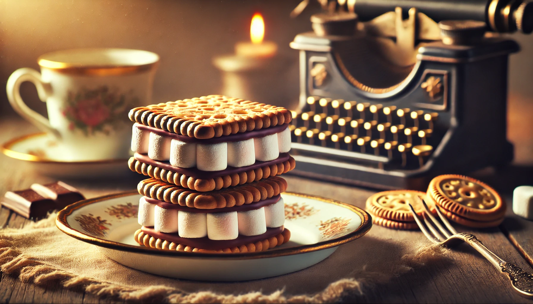 A popular snack enjoyed for generations, featuring marshmallow sandwiched between biscuits and coated in chocolate, with a nostalgic atmosphere. Displayed on a vintage-style plate with warm, soft lighting, evoking a sense of comfort and tradition. 16:9 aspect ratio.