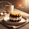 A delicious snack with a unique texture: marshmallow sandwiched between biscuits and coated in chocolate, displayed on a white plate with a soft, warm lighting, emphasizing the fluffy texture and glossy chocolate coating. A simple, elegant setup, 16:9 aspect ratio.