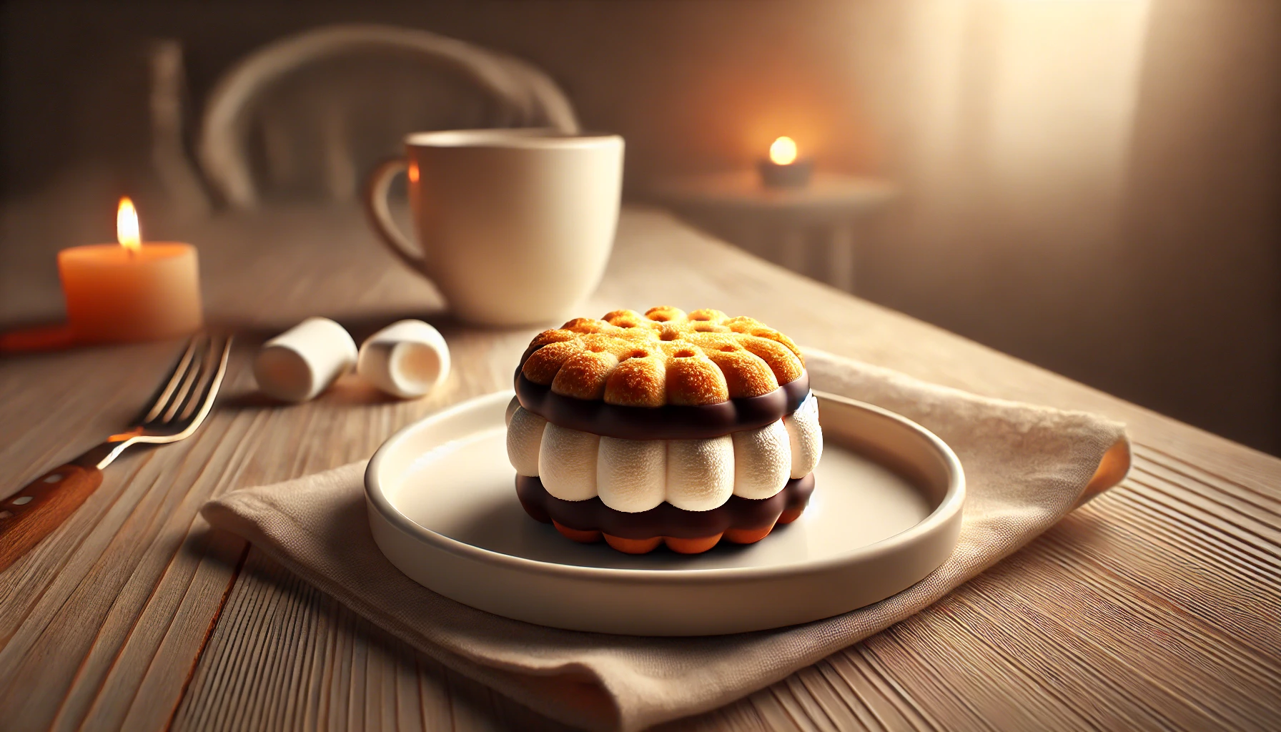 A delicious snack with a unique texture: marshmallow sandwiched between biscuits and coated in chocolate, displayed on a white plate with a soft, warm lighting, emphasizing the fluffy texture and glossy chocolate coating. A simple, elegant setup, 16:9 aspect ratio.