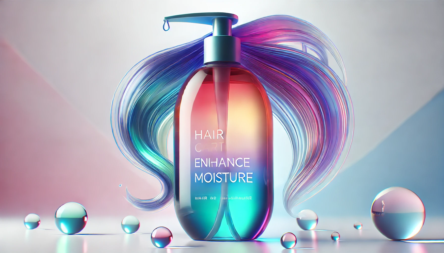 A close-up of a colorful, transparent bottle of hair care product designed to enhance hair moisture, set against a clean background with a soft focus on the bottle. The bottle has a modern, sleek design, emphasizing its purpose for moisturizing hair with vibrant, transparent colors.