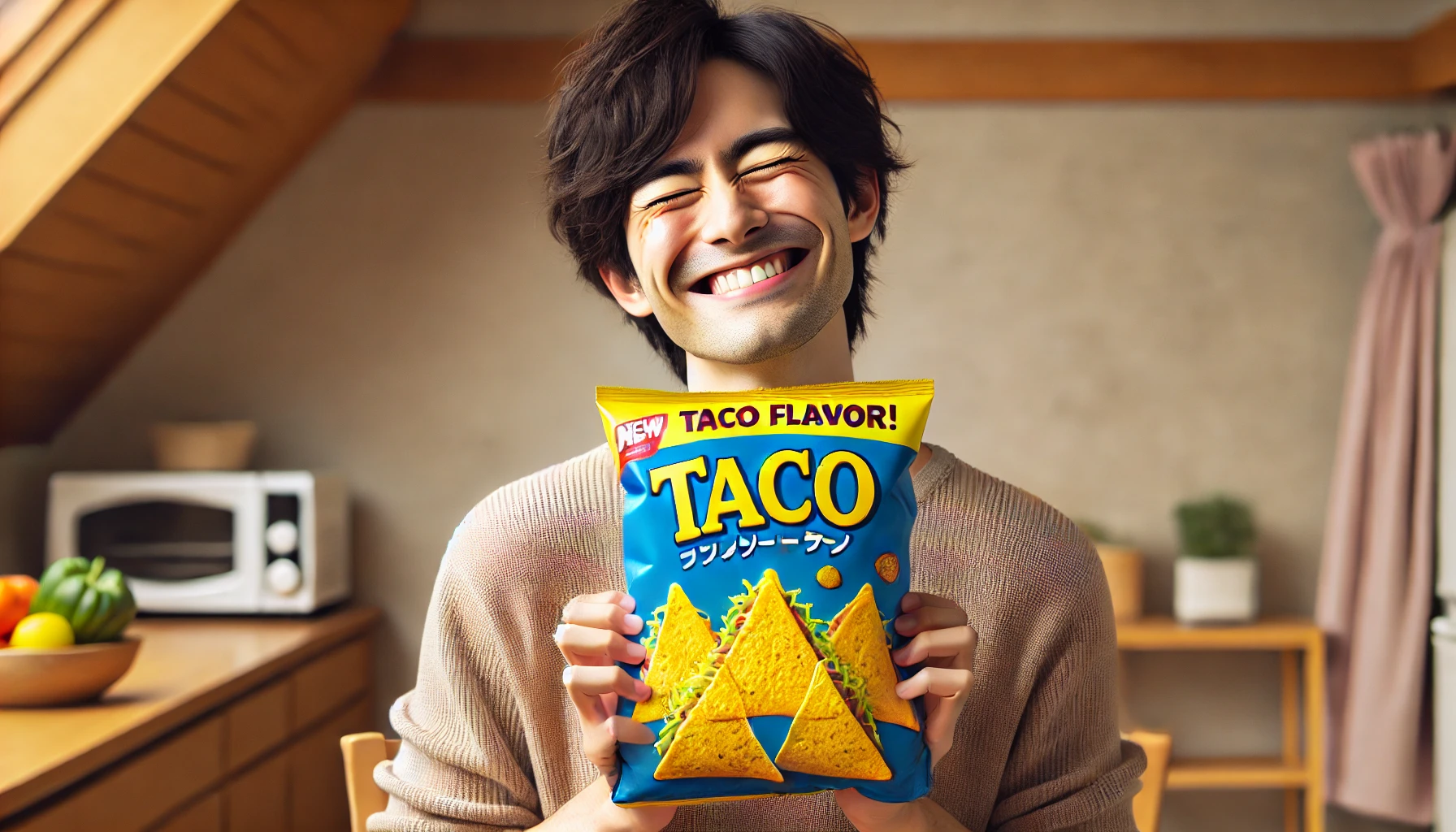 A Japanese person holding a bag of small triangular tortilla snacks with taco flavor, smiling happily as if they just purchased them. The background is a simple home kitchen or living room, and the person looks genuinely pleased. The composition conveys a sense of satisfaction and joy, emphasizing the excitement of finding and enjoying the product.