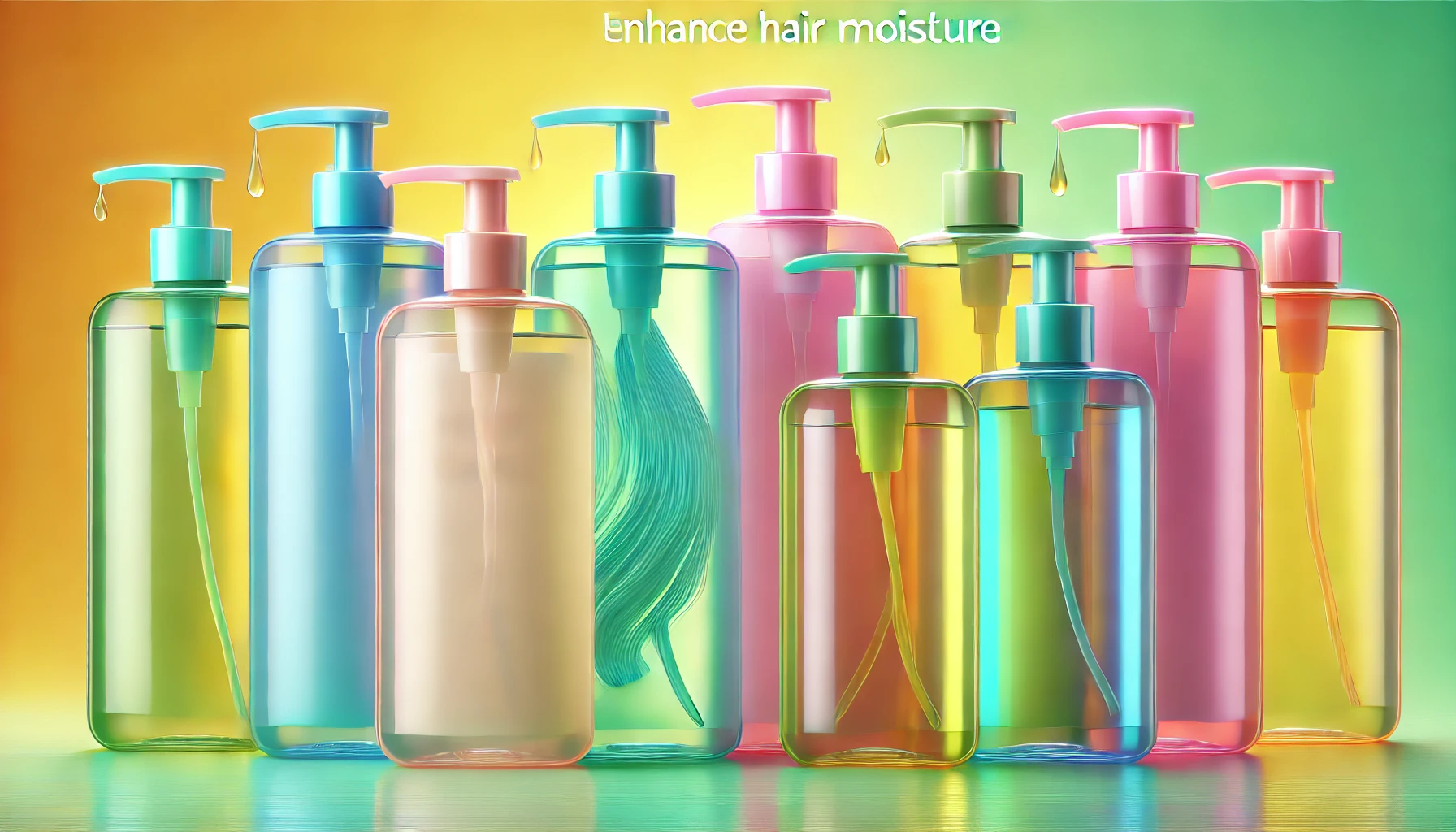 A set of colorful, transparent hair care bottles designed to enhance hair moisture displayed together, highlighting the popularity of the product. The sleek, modern design is set against a bright background, emphasizing the vibrant, transparent colors and appeal for healthy hair care.