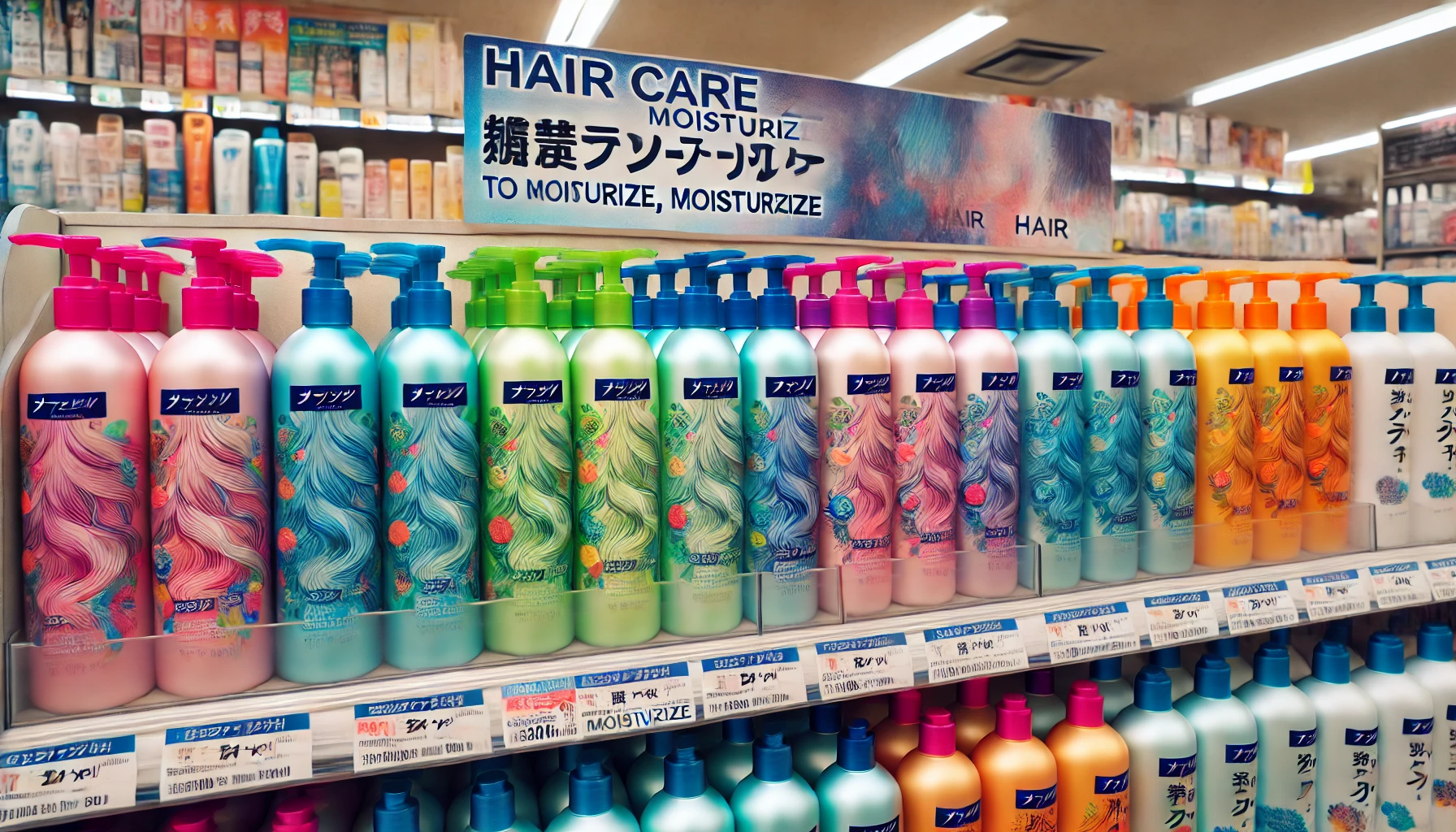 A display of vibrant, transparent hair care bottles on a shelf in a Japanese convenience store, featuring their sleek design and purpose to moisturize hair. The bottles stand out with colorful, transparent packaging, showing their availability and appeal.