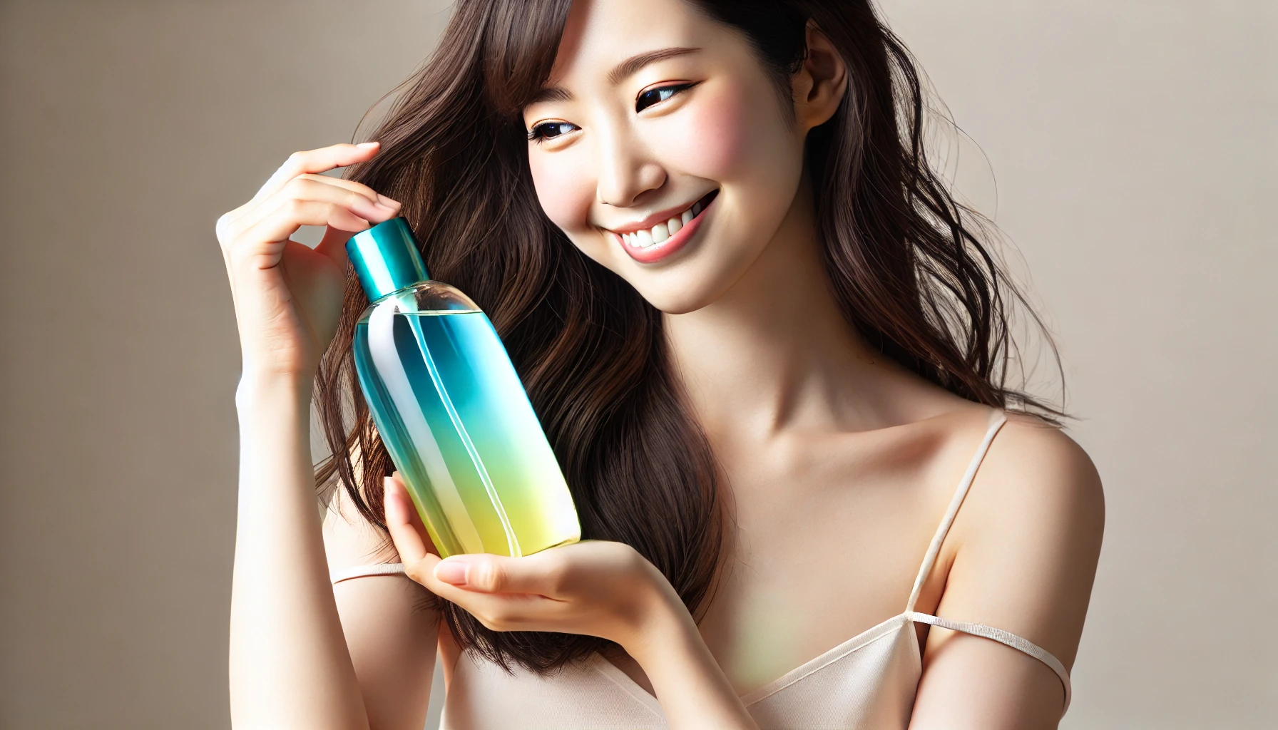 A happy Japanese woman holding a colorful, transparent bottle of hair care product designed to enhance hair moisture. She is smiling and looking at the product, showing satisfaction and joy with her new hair care choice. The background is soft and neutral, keeping focus on her and the product.