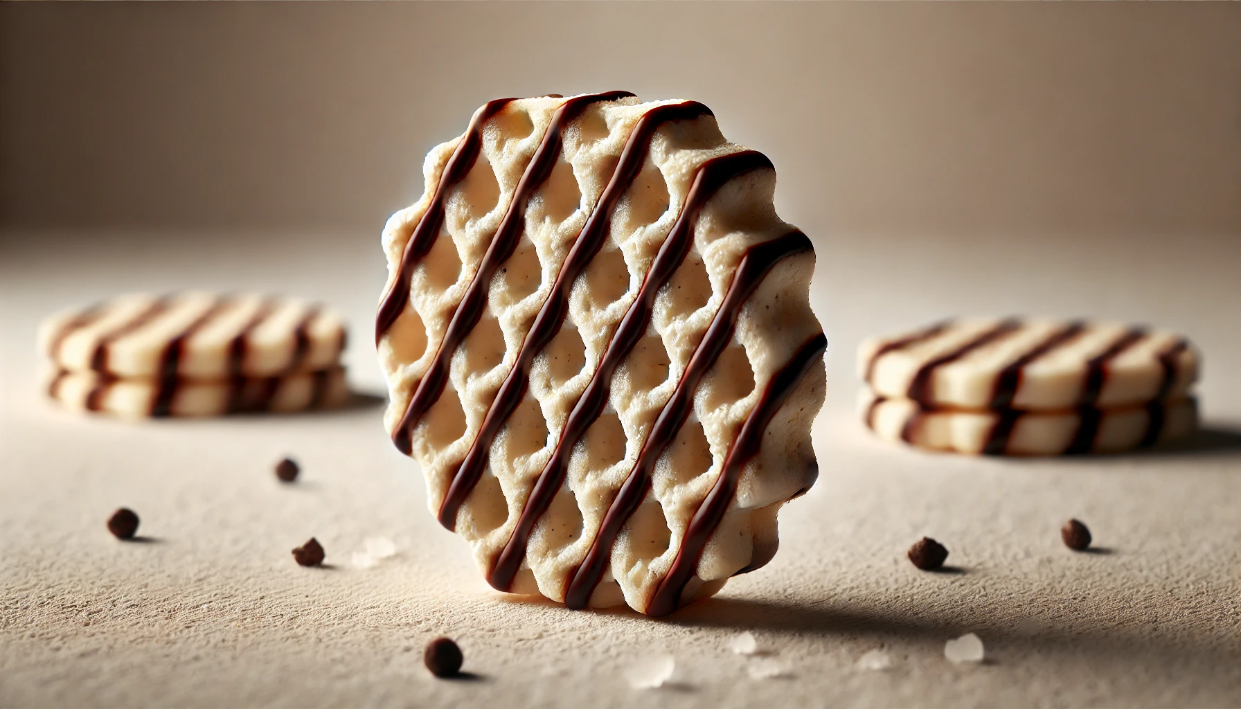 Close-up of a Japanese-style snack inspired by Nambu Senbei, with a chocolate drizzle pattern on each piece, capturing a perfect balance of sweetness and saltiness. Simple background to highlight the snack. Horizontal (16:9) format.