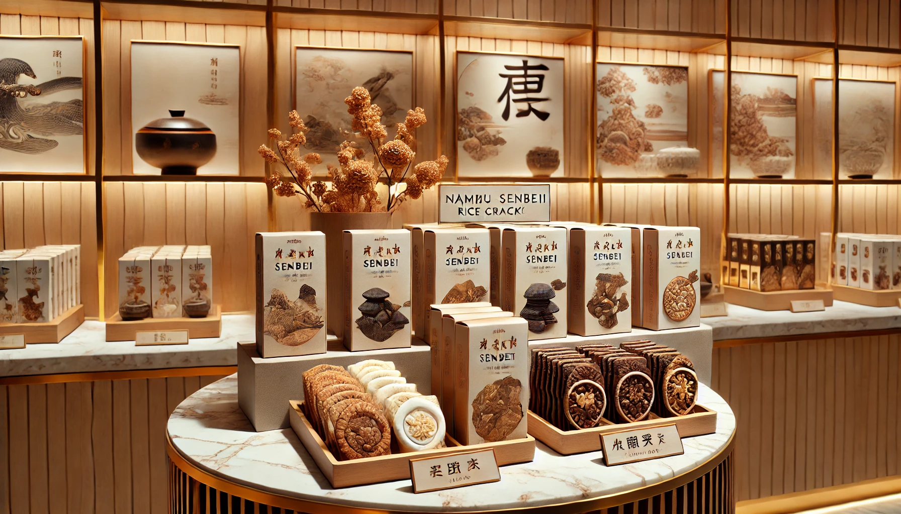 An image showcasing the popularity of a Japanese-style chocolate-covered rice cracker snack, similar to Nambu Senbei, displayed in a high-end store with beautiful packaging and a simple but elegant setup. Horizontal (16:9) format.