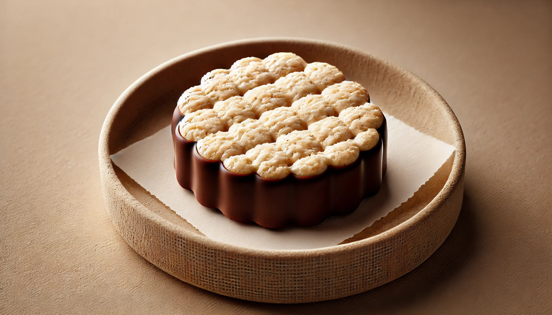 A close-up image of a Japanese-style confection made by coating a Nambu Senbei (Japanese rice cracker) with a layer of chocolate, showcasing the perfect balance of sweetness and saltiness in this treat. Simple, elegant background to highlight the product. Horizontal (16:9) format.