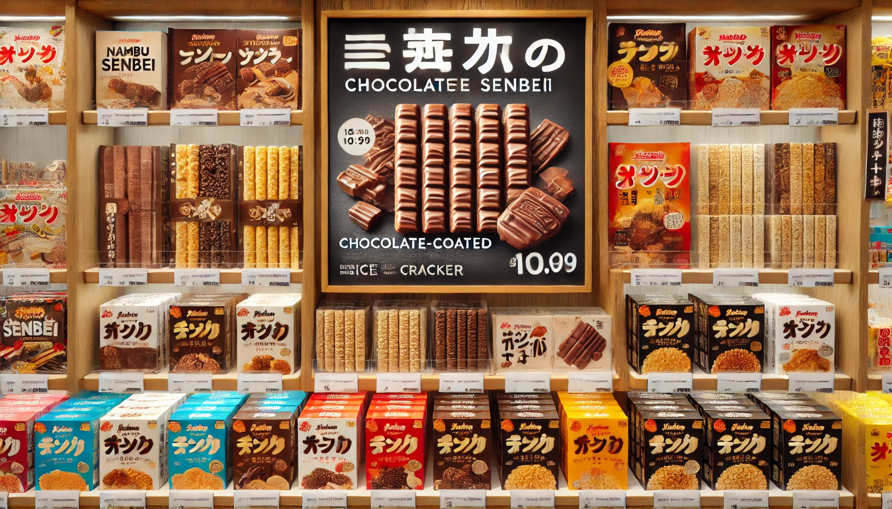 An image of a Japanese store display with a section dedicated to a popular chocolate-coated Nambu Senbei (Japanese rice cracker), showing the variety of options and where it is sold. Horizontal (16:9) format.