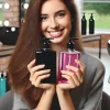 A happy customer holding black and pink transparent glass bottles of premium hair care products in a beauty salon, smiling with satisfaction. The customer has a joyful expression, reflecting their satisfaction with these products. The salon setting is modern and stylish.