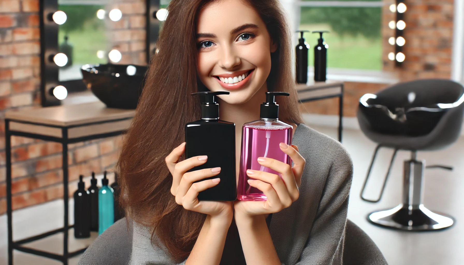 A happy customer holding black and pink transparent glass bottles of premium hair care products in a beauty salon, smiling with satisfaction. The customer has a joyful expression, reflecting their satisfaction with these products. The salon setting is modern and stylish.