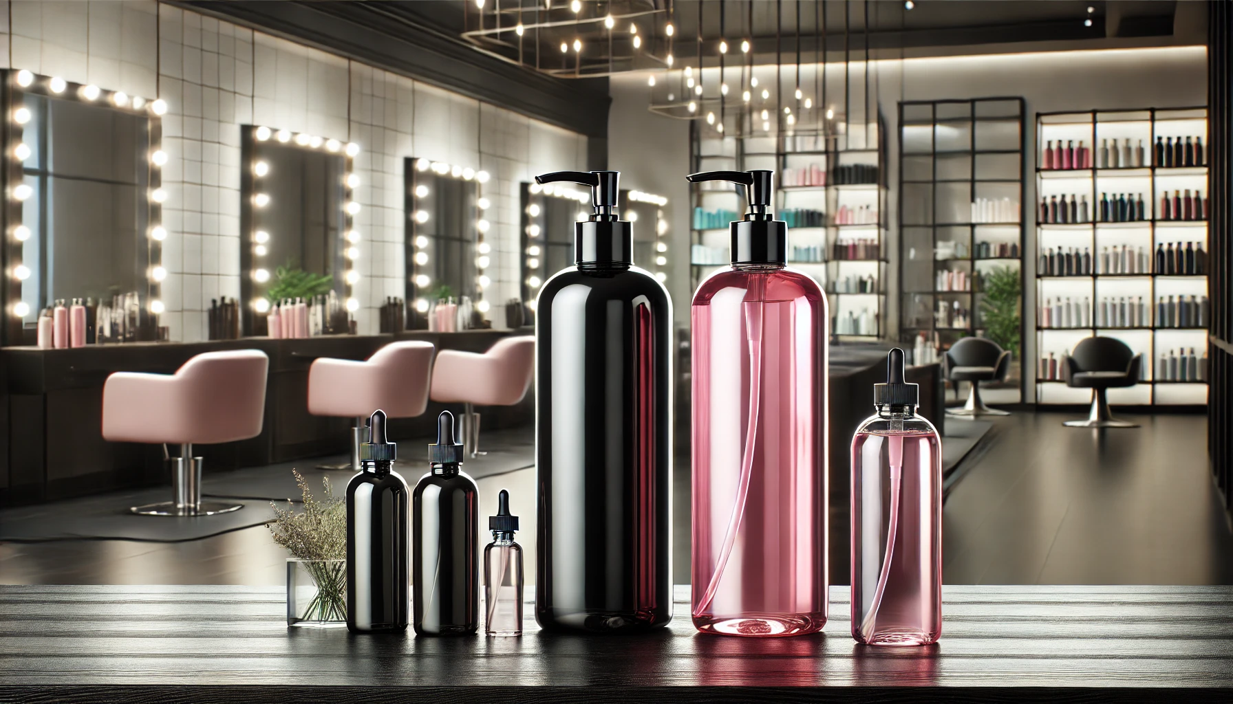 A beauty salon with premium black and pink transparent glass bottled hair care products displayed, showing the places where these popular products can be purchased. The setting is modern and upscale, reflecting a high-end aesthetic.