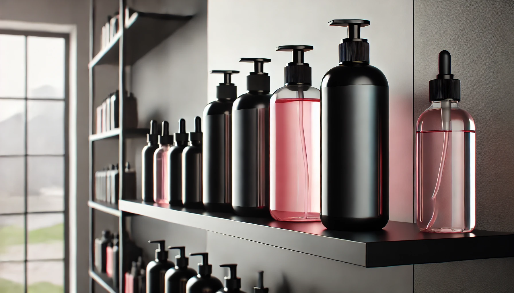 A close-up of premium black and pink transparent glass bottles of hair care products on a sleek shelf in a beauty salon. The bottles are elegant and minimalist, appealing to a high-end market and popular among beauty enthusiasts. The background is clean and stylish.