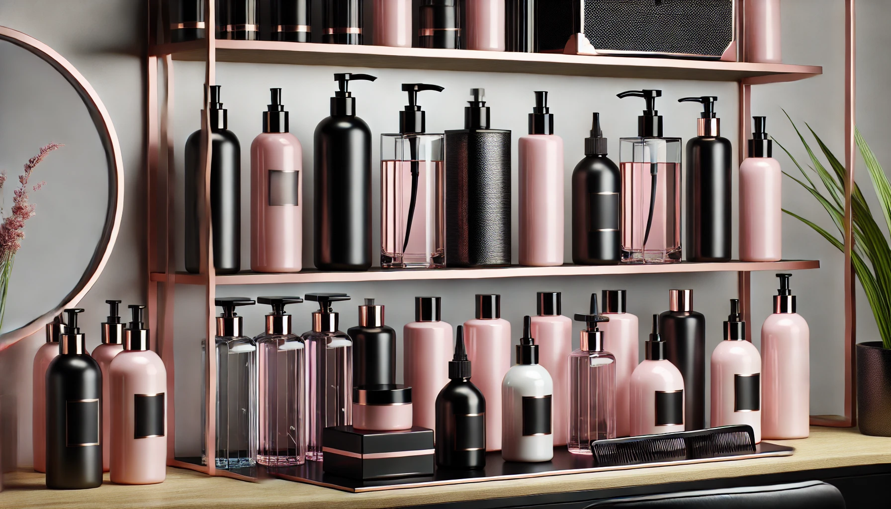 A stylish hair salon shelf with a range of premium hair care products in black and pink transparent glass bottles, arranged neatly. The products have elegant, minimalist designs suited for various hair types and needs. The shelf has a clean, modern background.