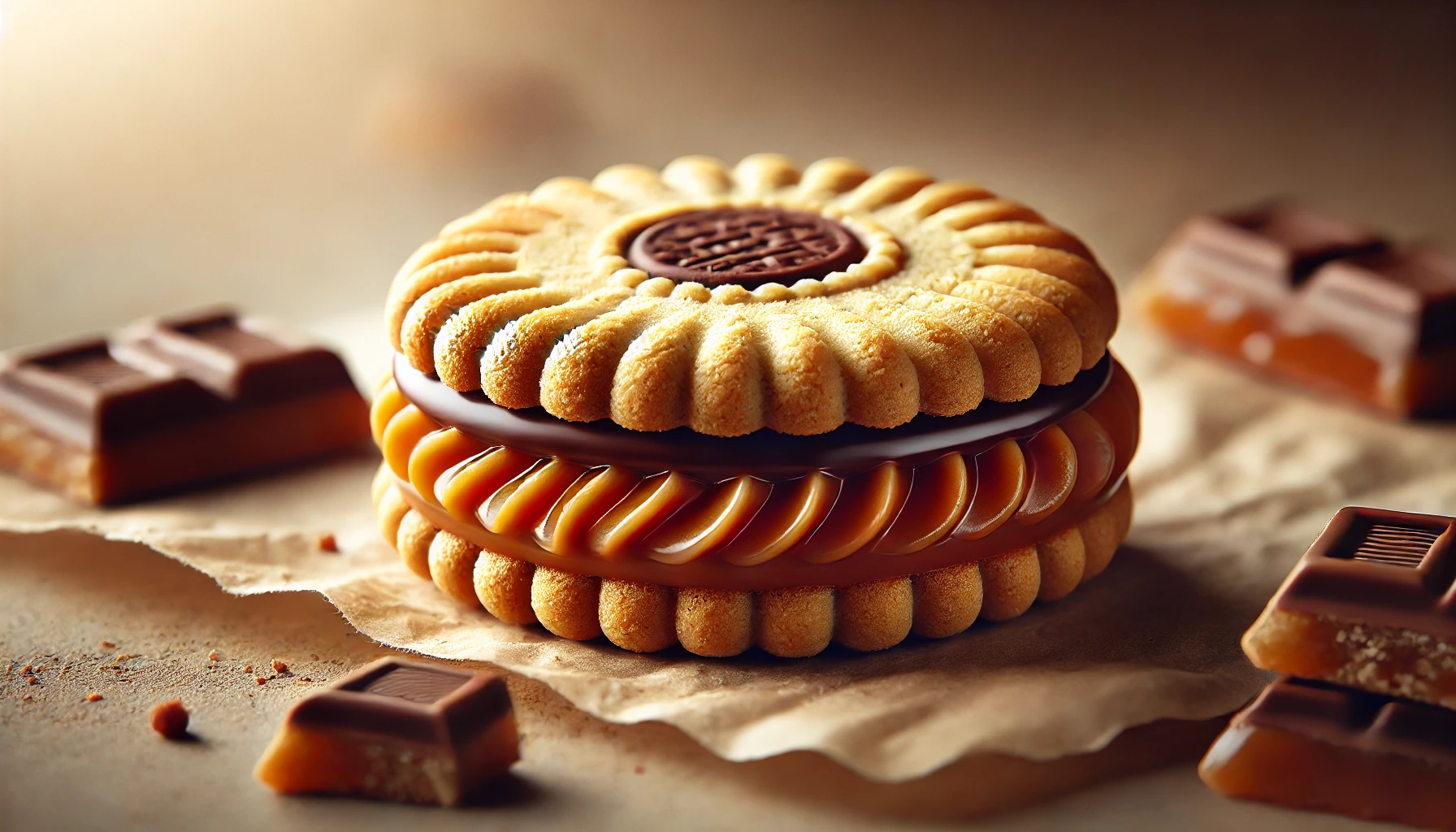 A beautifully staged close-up image of a round butter cookie sandwich filled with rich caramel and chocolate. The cookie looks crispy and golden, with a creamy caramel center slightly oozing out. The background is soft and inviting, focusing on the elegance of the dessert. 16:9 aspect ratio.