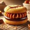 A beautifully staged close-up image showing a round butter cookie sandwich filled with rich caramel and chocolate. The cookie looks crispy and golden brown, focusing on its irresistible texture. The background is soft and out of focus, evoking the high popularity of this delicious dessert. 16:9 aspect ratio.