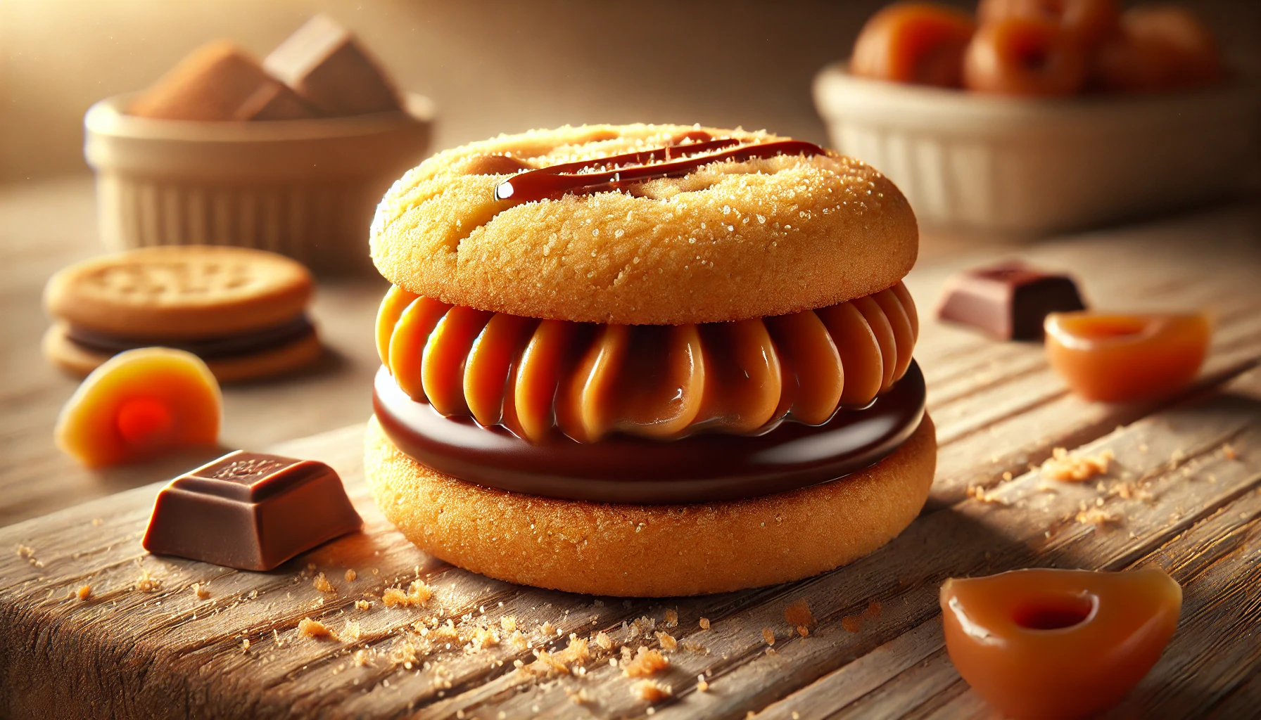 A beautifully staged close-up image showing a round butter cookie sandwich filled with rich caramel and chocolate. The cookie looks crispy and golden brown, focusing on its irresistible texture. The background is soft and out of focus, evoking the high popularity of this delicious dessert. 16:9 aspect ratio.