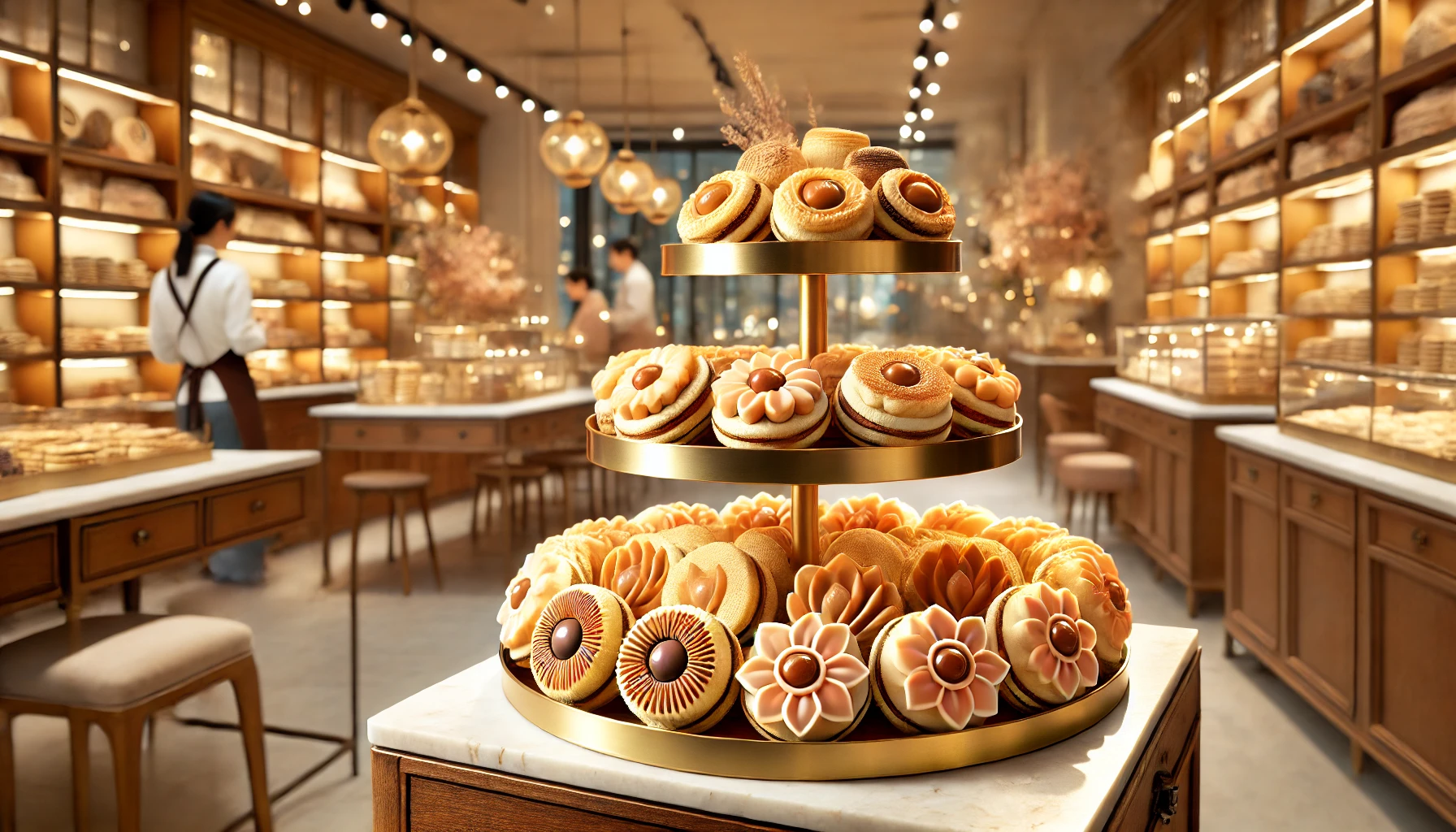 A shop counter with beautifully arranged round butter cookies filled with caramel and chocolate, with a soft focus background showing other store shelves. Elegant, warm display to showcase where this popular dessert is sold. 16:9 aspect ratio.