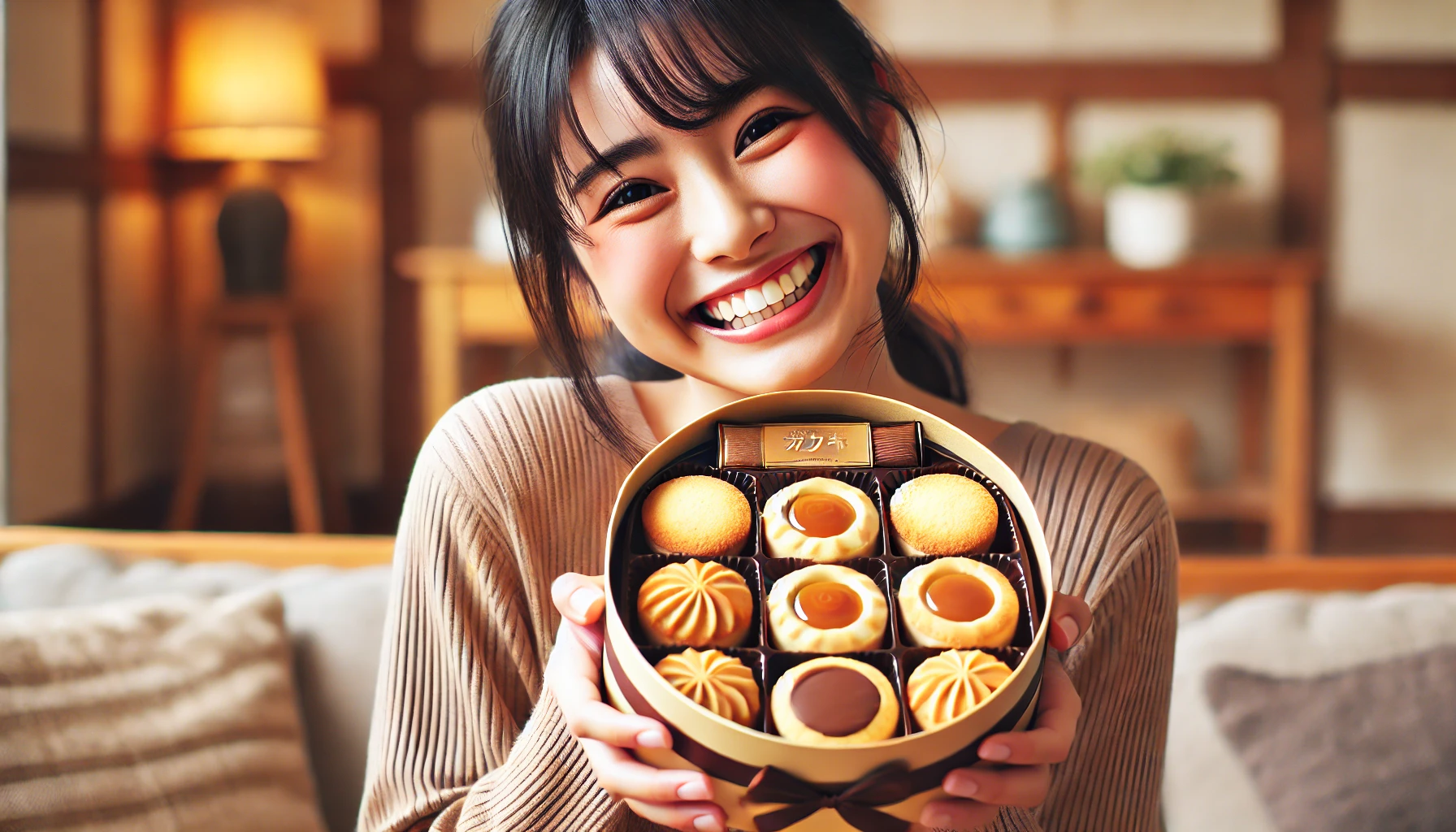 A joyful Japanese person holding a beautifully packaged box of round butter cookies filled with caramel and chocolate. The person is smiling with excitement, showing their delight in receiving this treat. Background is a cozy indoor setting. 16:9 aspect ratio.