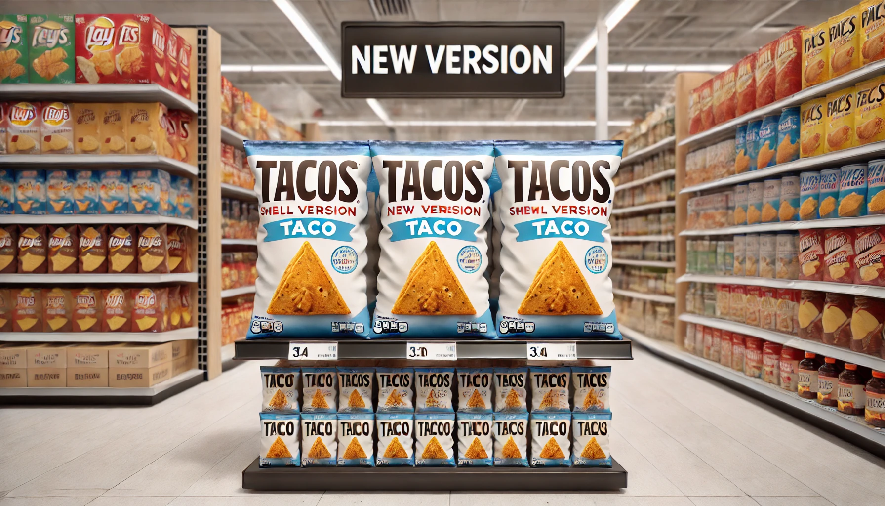 A store shelf displaying a new version of small triangular tortilla snacks with taco flavor. The setting is a modern grocery store, with neatly arranged snacks and clear labeling that suggests the product is new or has been reintroduced. The focus is on the product, making it easy to identify for potential buyers. The composition is simple and realistic.