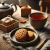 A cozy tea setting with a rustic biscuit made from whole wheat flour, featuring a crunchy texture and simple, rich flavor, alongside a cup of hot tea. The setting should be calm, warm, and inviting, with a wooden table and soft natural lighting.