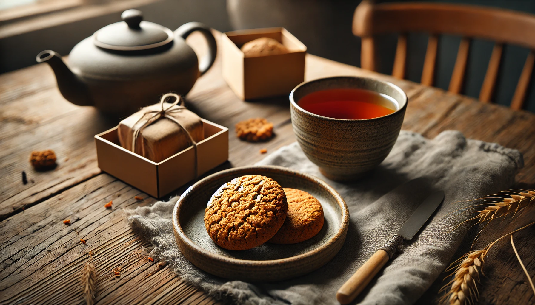 A cozy tea setting with a rustic biscuit made from whole wheat flour, featuring a crunchy texture and simple, rich flavor, alongside a cup of hot tea. The setting should be calm, warm, and inviting, with a wooden table and soft natural lighting.