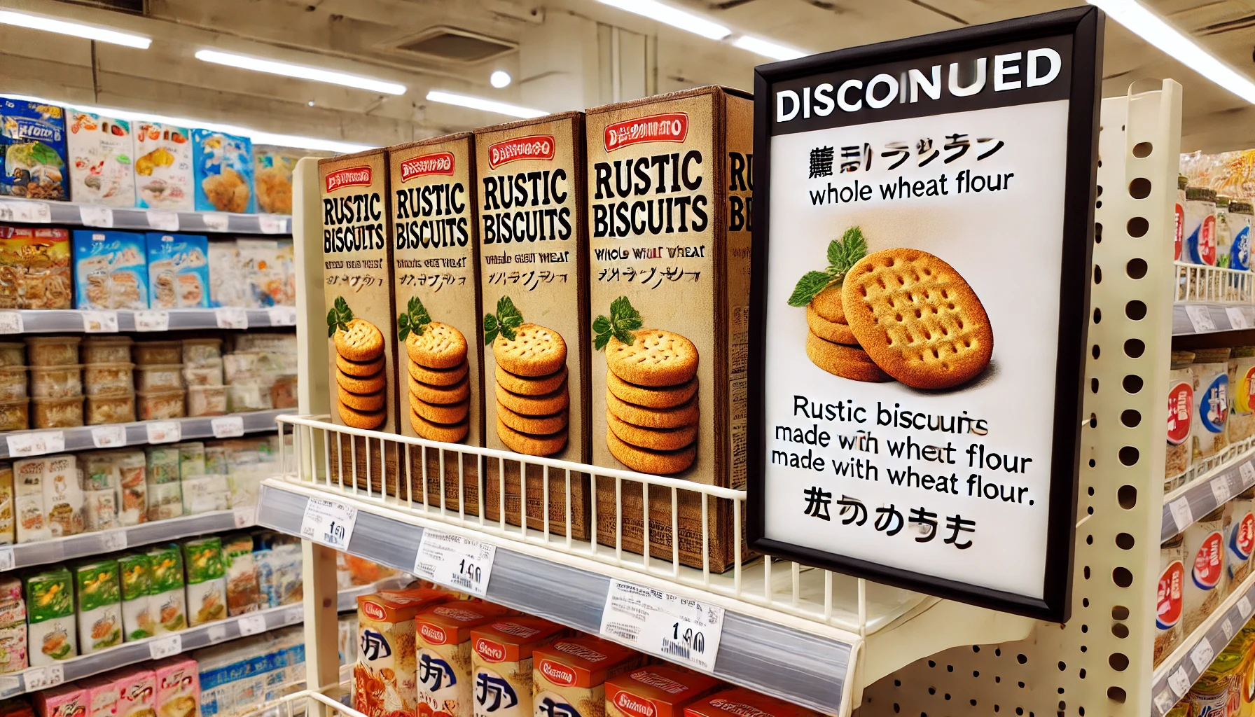 A grocery store shelf featuring rustic biscuits made from whole wheat flour, highlighting a sign indicating their 'discontinued' status. The setting is in a typical Japanese grocery store, with clearly visible shelves and products.