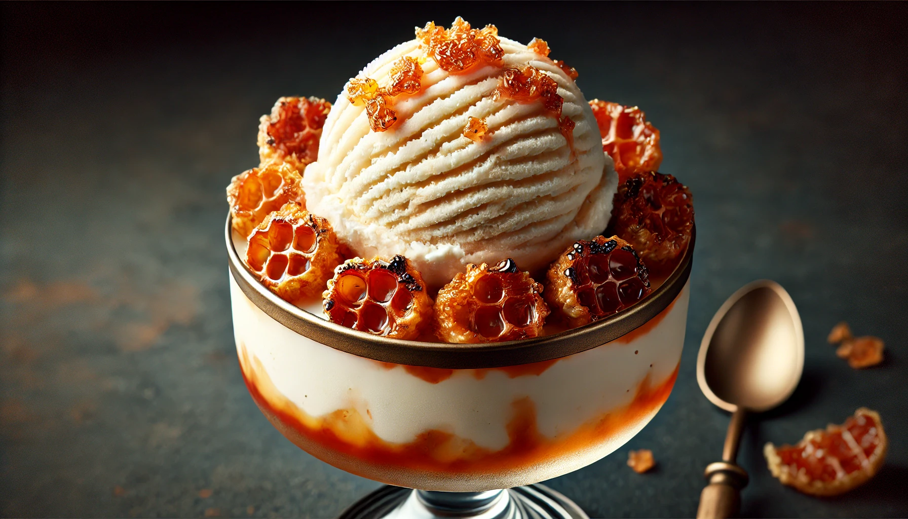 A rich, creamy milk ice cream with a caramelized top layer, featuring a crispy texture. Horizontal orientation (16:9).