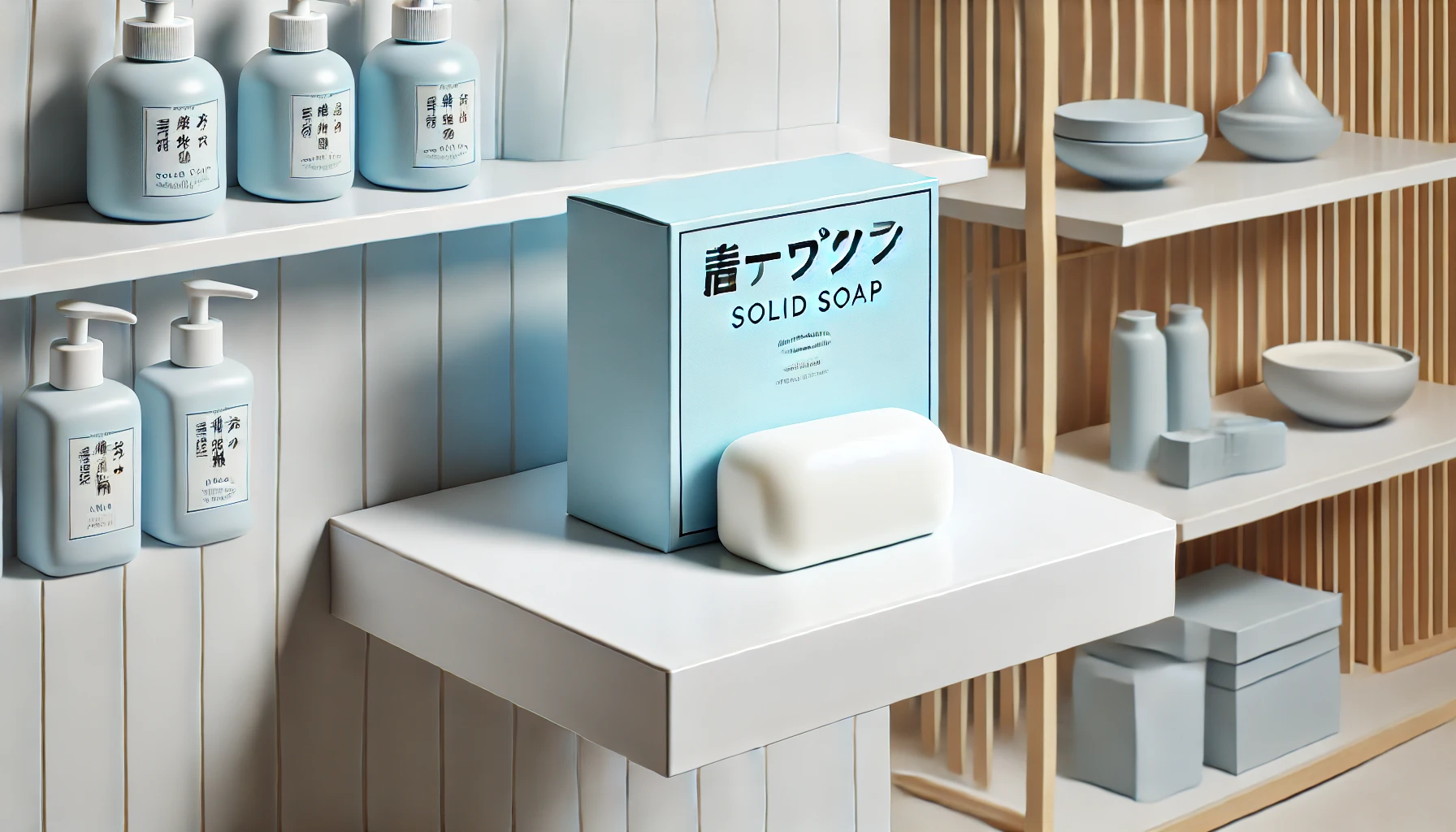 A realistic scene of a store shelf featuring a blue box containing a white solid soap. The display highlights the product's availability in common retail spaces, with a modern Japanese aesthetic. The image is horizontal (16:9).