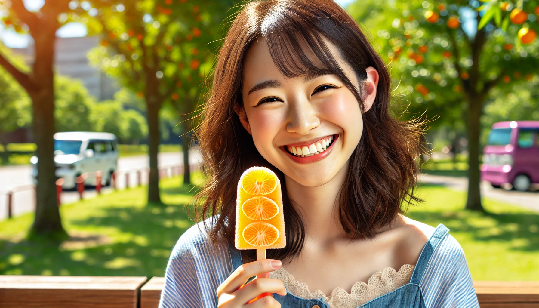 A happy Japanese person enjoying an ice candy made with abundant mandarin orange pulp, smiling while holding the candy in a sunny park with bright green trees in the background.