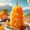 A refreshing ice candy made with abundant mandarin orange pulp, displayed on a table with a clear blue sky in the background, with focus on the candy's texture and fruit pieces inside.