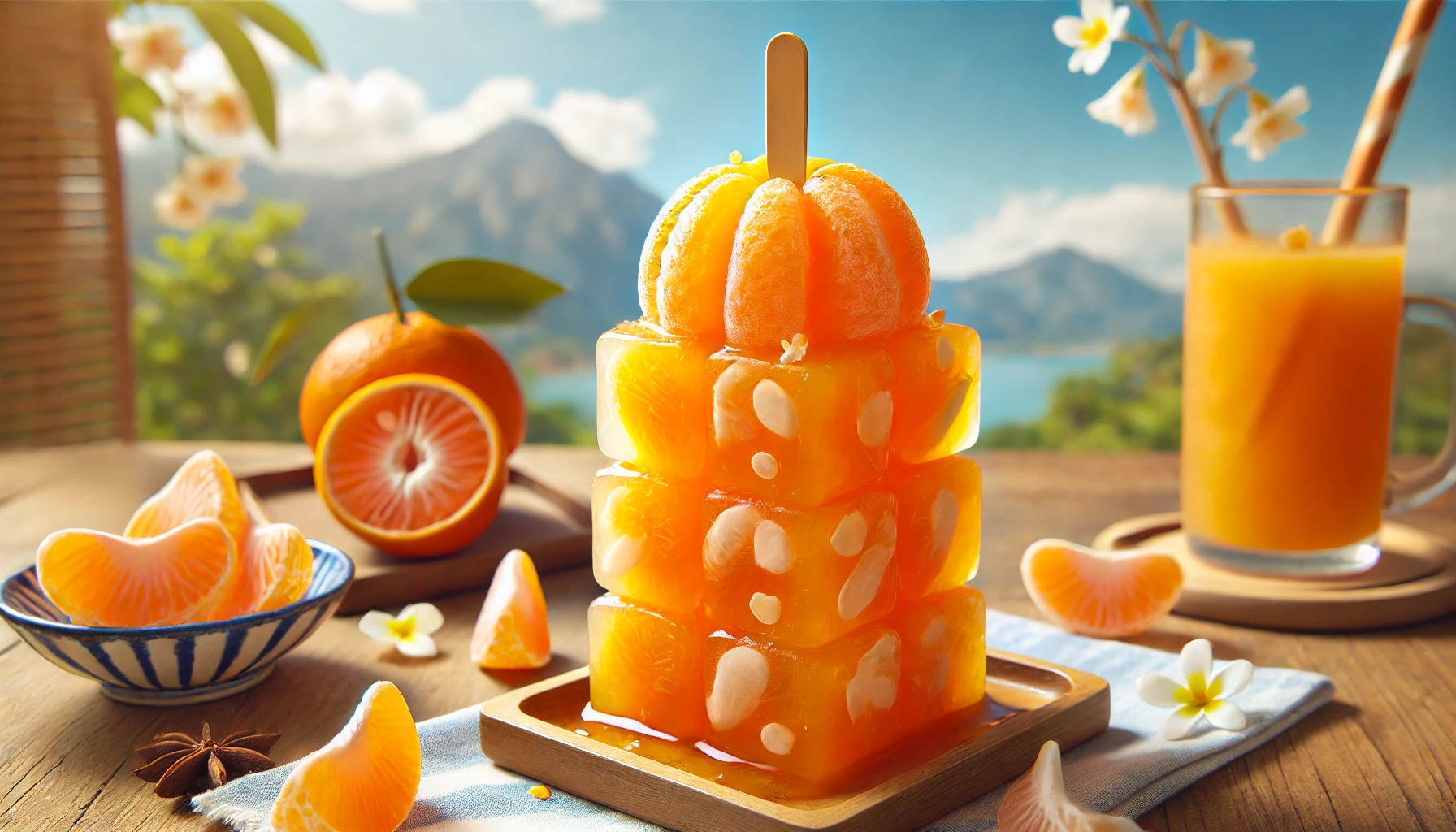 A refreshing ice candy made with abundant mandarin orange pulp, displayed on a table with a clear blue sky in the background, with focus on the candy's texture and fruit pieces inside.