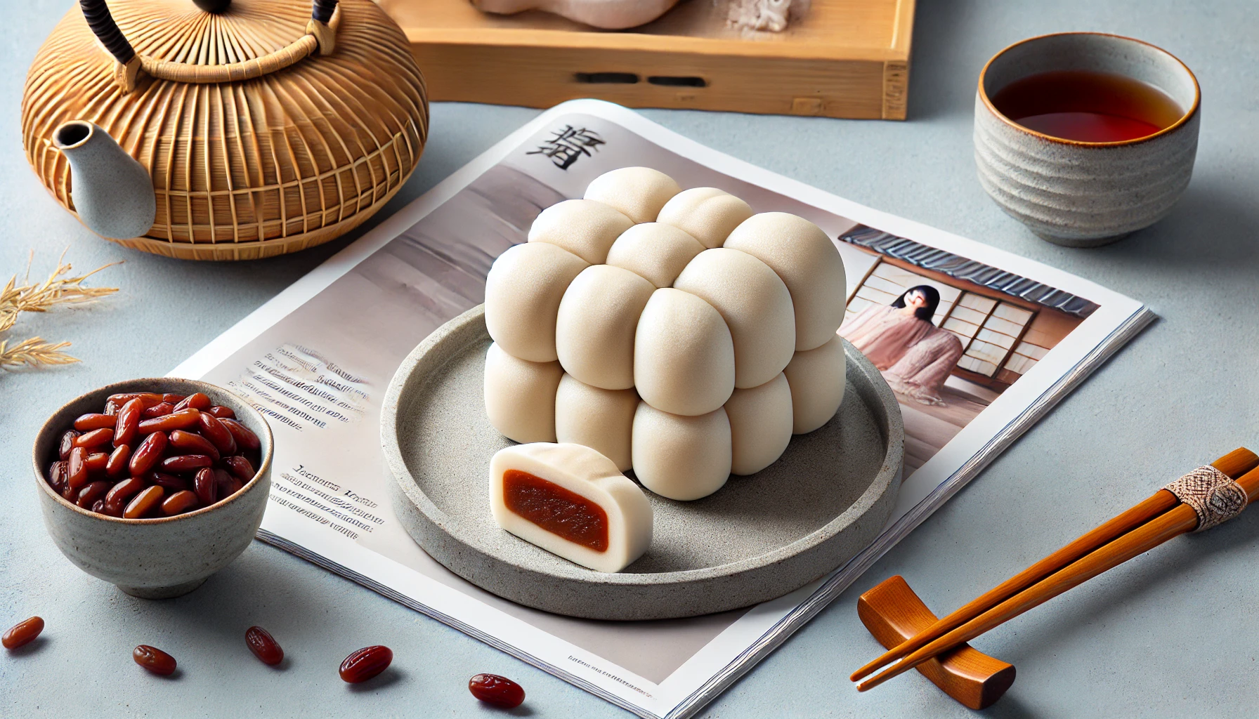 A smooth sweet rice cake shaped like a traditional Japanese rice bale, featuring a soft texture made from finely crafted red bean paste, Japanese yam, and rice flour, displayed with an elegant background showcasing its popularity, such as a magazine feature or a customer enjoying it, horizontal 16:9 aspect ratio.