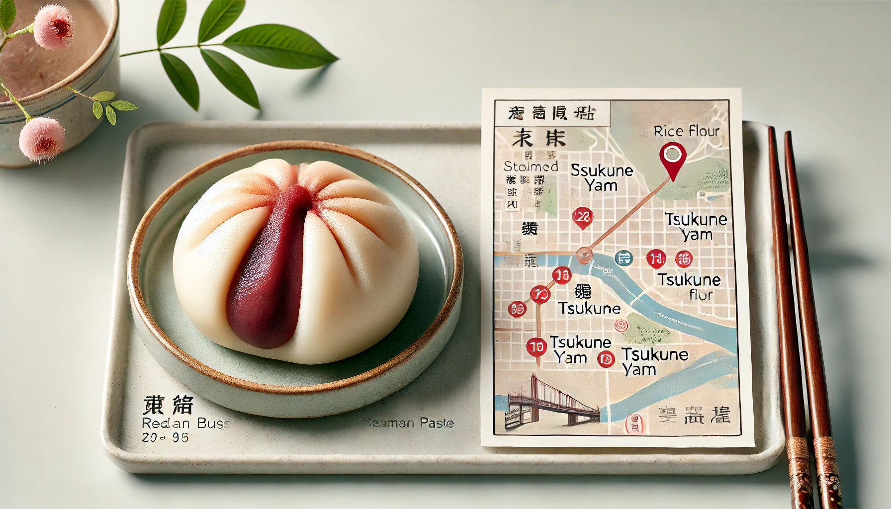 A close-up of a traditional Japanese manjū (steamed bun) with smooth red bean paste, wrapped in a soft and moist skin made from tsukune yam and rice flour, displayed alongside a map indicating locations where it is sold. A clean and informative layout, traditional and modern elements combined. High detail, horizontal format (16:9).