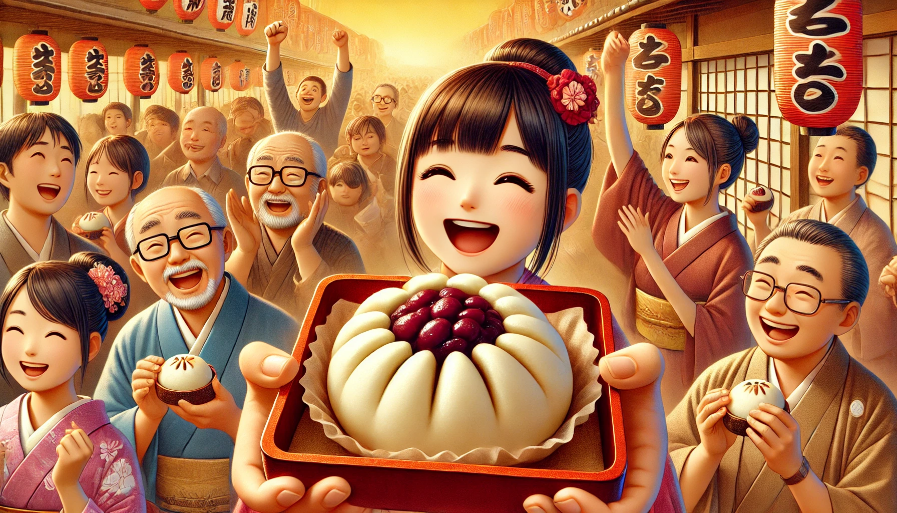 A traditional Japanese manjū (steamed bun) with smooth red bean paste filling, wrapped in moist and soft skin made from tsukune yam and rice flour. Displayed in a lively scene with people joyfully receiving the buns as gifts or souvenirs, reflecting their satisfaction. High detail, warm and festive atmosphere, horizontal format (16:9).