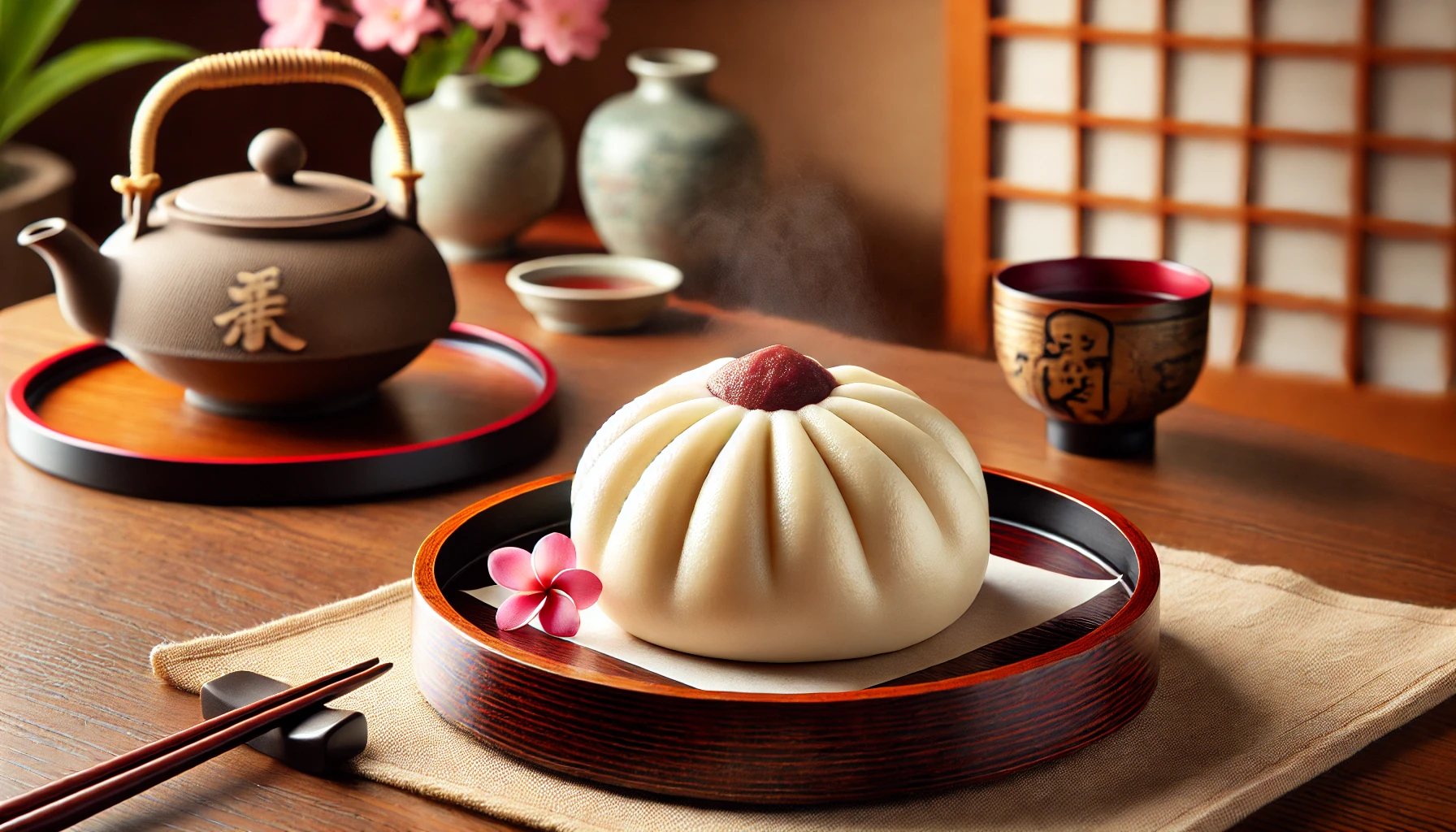 A Japanese-style traditional manjū (steamed bun) with a smooth red bean paste filling, wrapped in a moist and soft skin made from Japanese tsukune yam and rice flour. The bun is shaped like a bale and beautifully displayed on a wooden platter with a serene Japanese tea ceremony setting in the background, emphasizing traditional elegance. High detail, horizontal format (16:9).