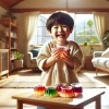 A joyful moment featuring a Japanese child holding a fruit jelly with excitement in a cozy living room. The room is bright and tidy, with a low wooden table displaying other jellies in small bowls. The child is smiling and wearing casual clothing, with sunlight streaming through the windows, creating a warm and happy atmosphere. Aspect ratio 16:9.