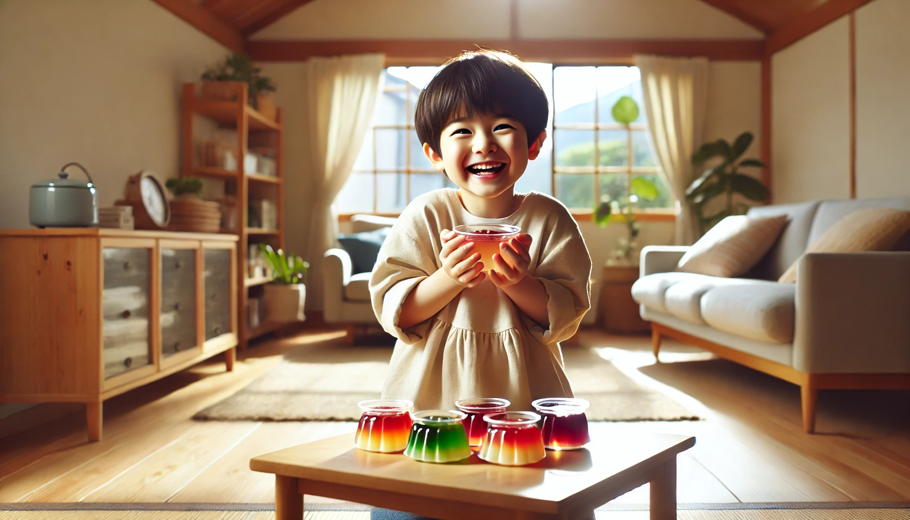 A joyful moment featuring a Japanese child holding a fruit jelly with excitement in a cozy living room. The room is bright and tidy, with a low wooden table displaying other jellies in small bowls. The child is smiling and wearing casual clothing, with sunlight streaming through the windows, creating a warm and happy atmosphere. Aspect ratio 16:9.