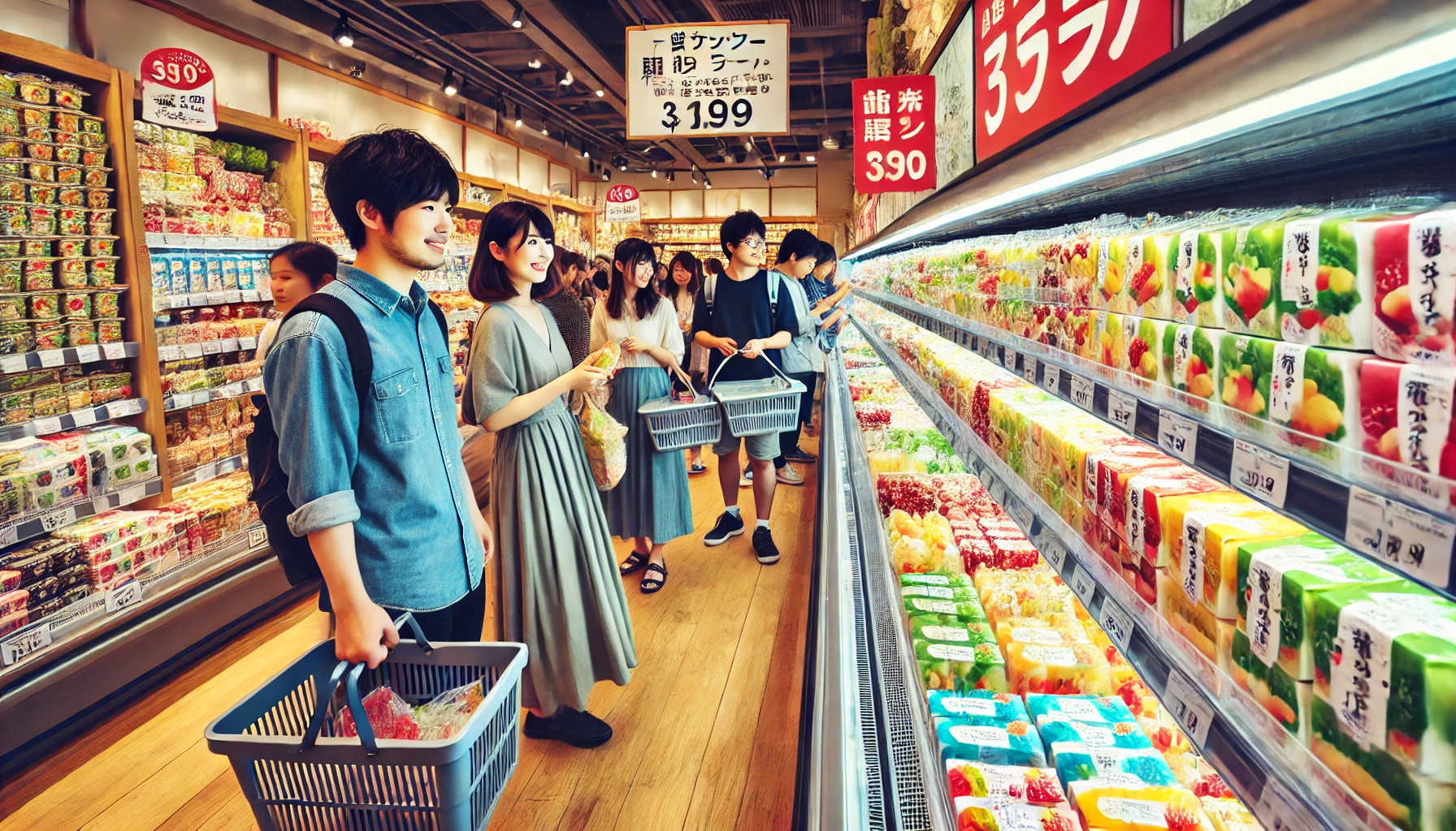 A bustling scene inside a Japanese grocery store showing customers browsing and purchasing fruit jellies, with a focus on the refrigerated section filled with bright and colorful jelly packs. Some shoppers are smiling and holding baskets. The store environment is modern and well-lit, with Japanese signage highlighting special promotions. Aspect ratio 16:9.