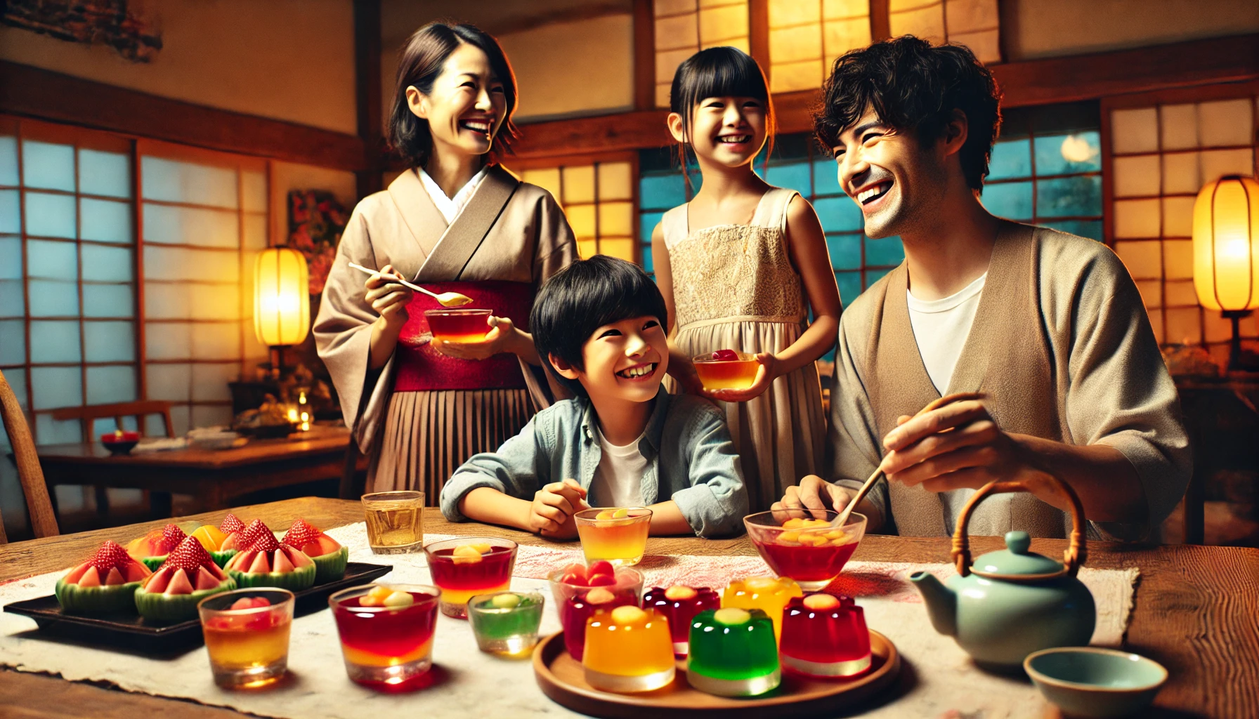 A vibrant image of a Japanese family enjoying fruit jellies at a cozy dining table, with children smiling and parents serving the colorful jellies. The setting includes traditional Japanese decor, emphasizing warmth and family togetherness. The fruit jellies are displayed in small clear bowls, showing their rich colors like orange, red, and yellow. The atmosphere is joyful and inviting. Aspect ratio 16:9.