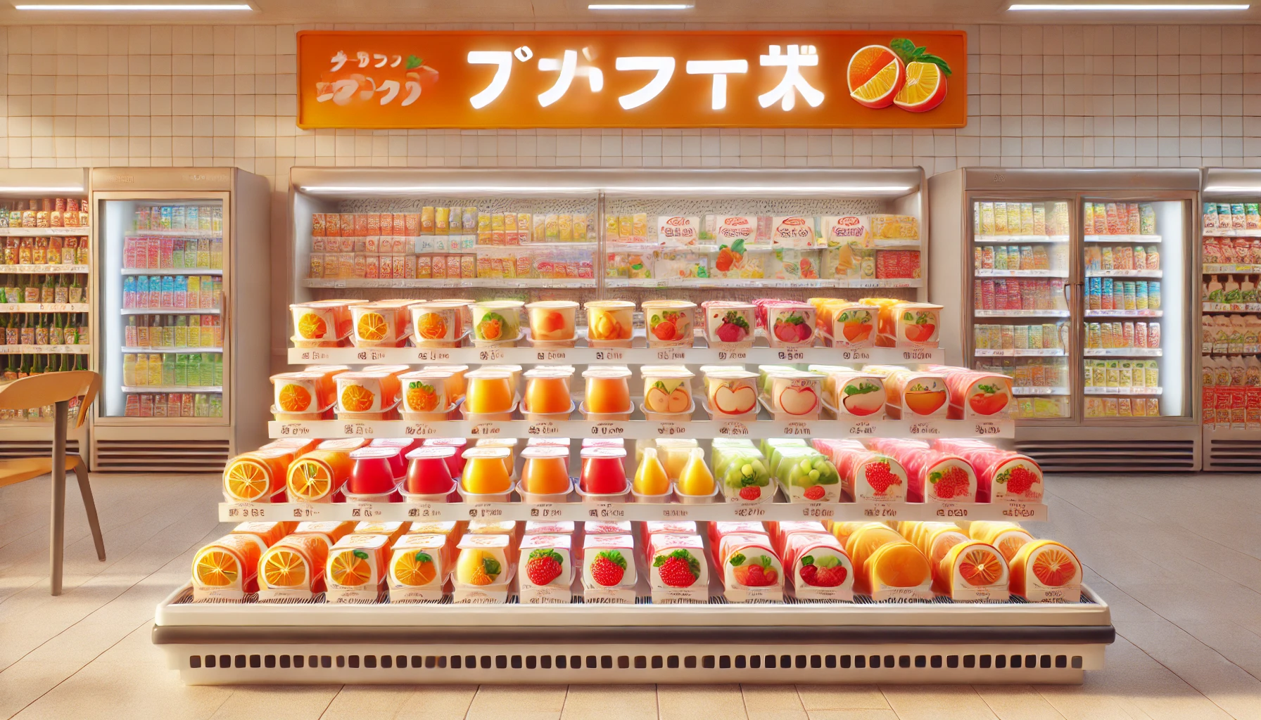 A bright and cheerful Japanese supermarket aisle showcasing a colorful selection of fruit jellies, including orange, apple, grape, and peach varieties, neatly arranged in a refrigerated section. The setting is clean and modern with clear labels in Japanese. The image has a warm, inviting atmosphere, perfect for emphasizing the accessibility of these products. Aspect ratio 16:9.