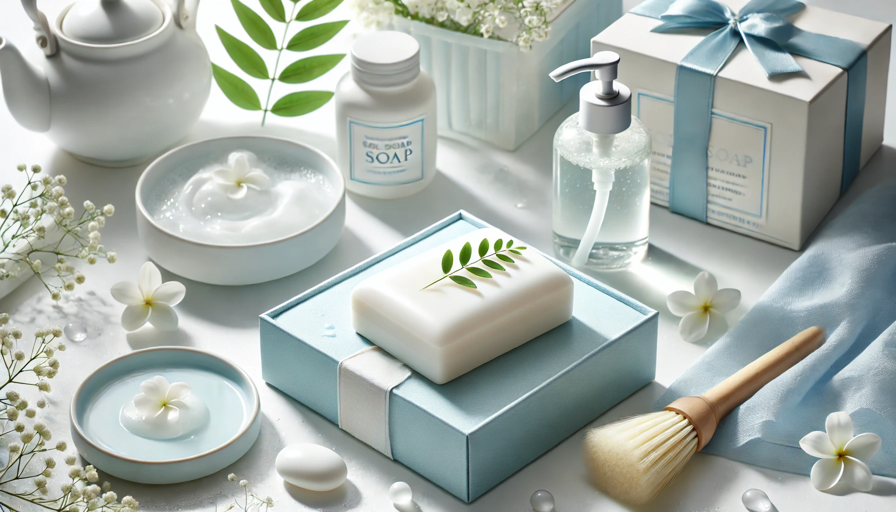 A high-quality product image showing a white solid soap with a blue box, surrounded by a clean, bright setting symbolizing its high popularity. The background conveys a sense of freshness and elegance, ideal for Japanese skincare branding. The image is horizontal (16:9).