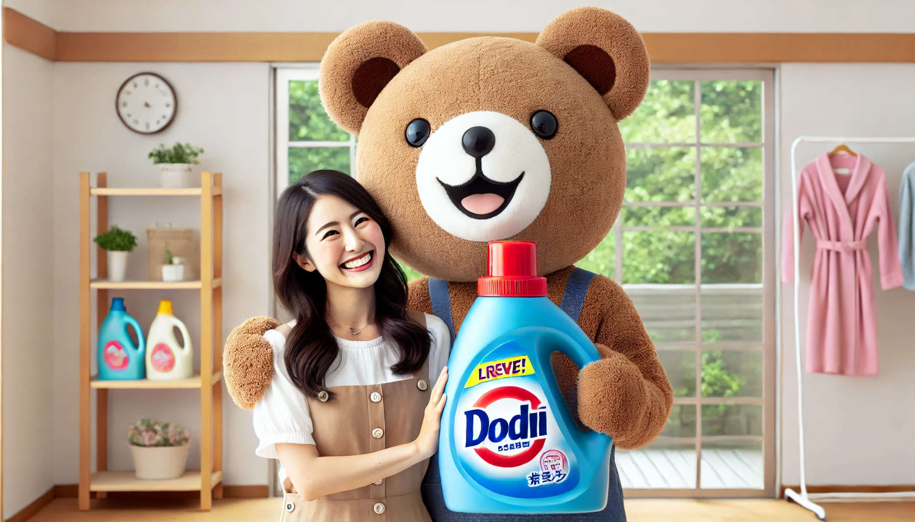 A cute bear mascot representing a popular fabric softener and detergent brand, being joyfully held by a happy Japanese person in a clean, modern home. Horizontal layout, 16:9 aspect ratio.