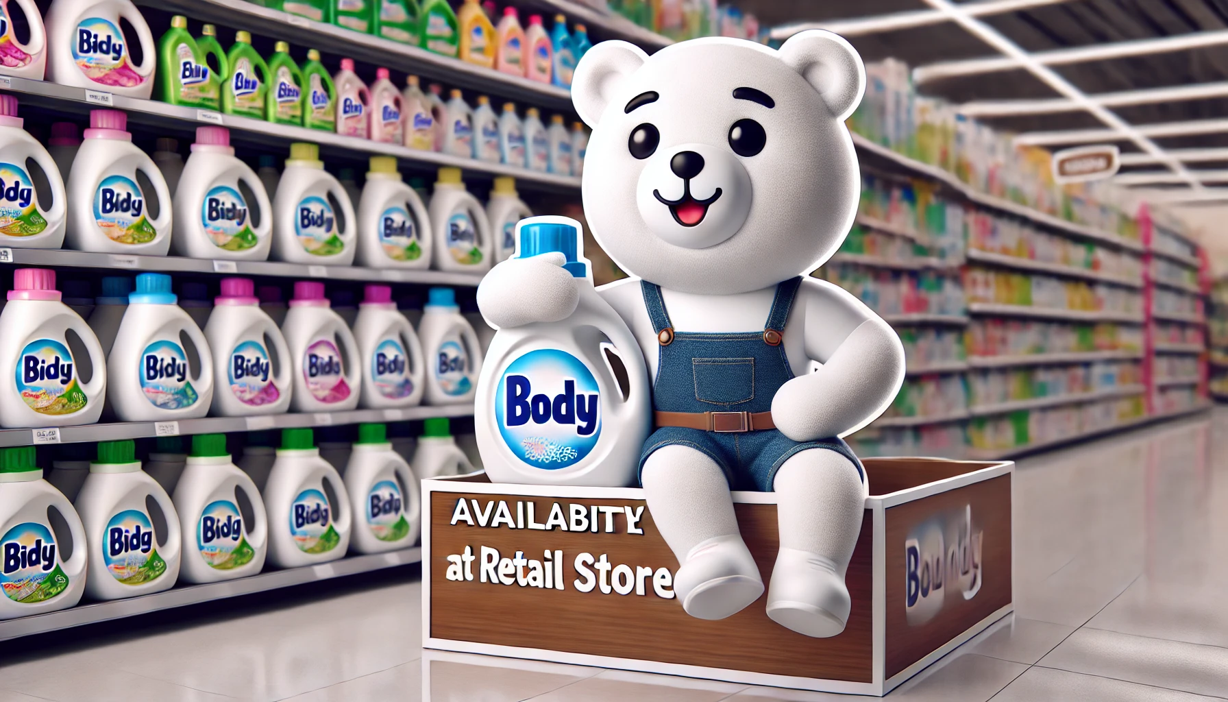 A cute bear mascot representing a popular fabric softener and detergent brand, in a well-organized display shelf, showcasing availability at retail stores. Horizontal layout, 16:9 aspect ratio.