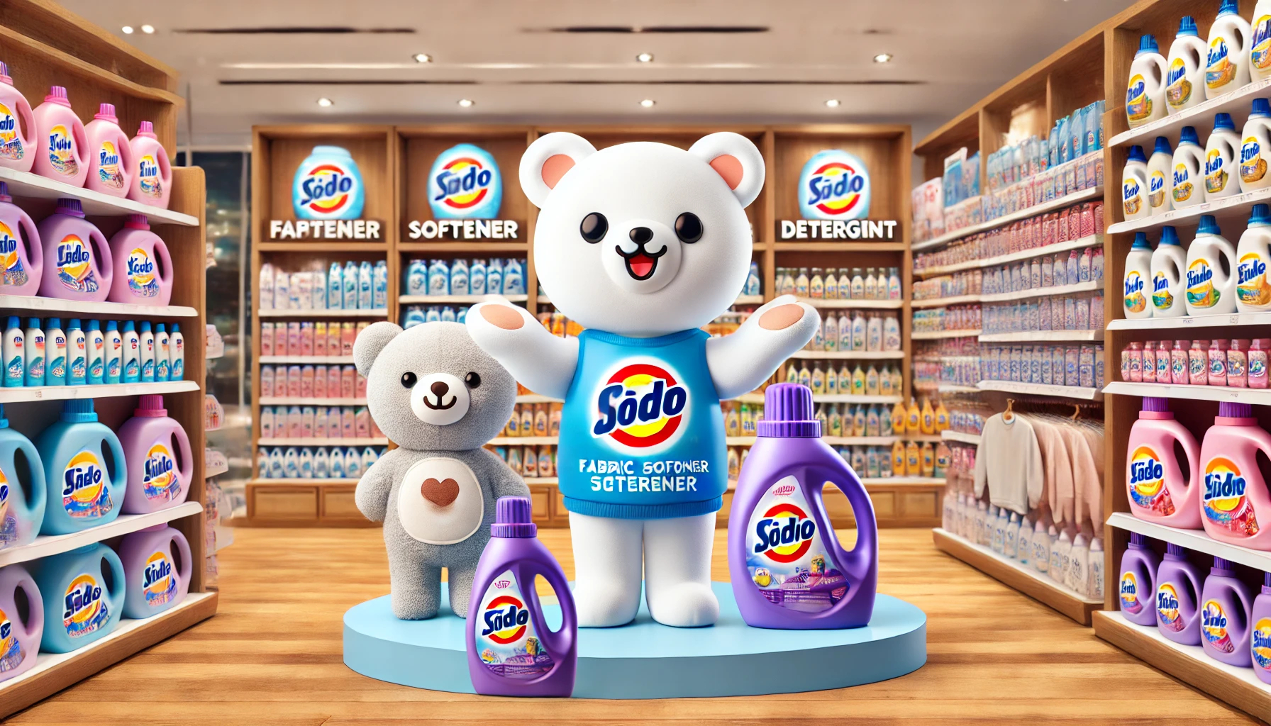 A cute bear mascot representing a popular fabric softener and detergent brand, highlighting its widespread popularity among various age groups, in a bright and clean retail store setting. Horizontal layout, 16:9 aspect ratio.