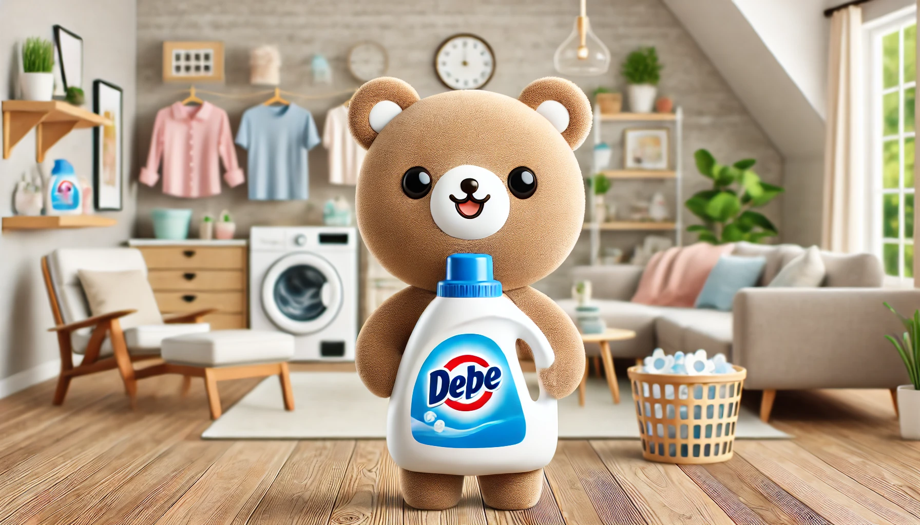 A cute bear mascot representing a popular fabric softener and detergent brand, appealing to multiple generations, set in a friendly and cozy home environment. Horizontal layout, 16:9 aspect ratio.