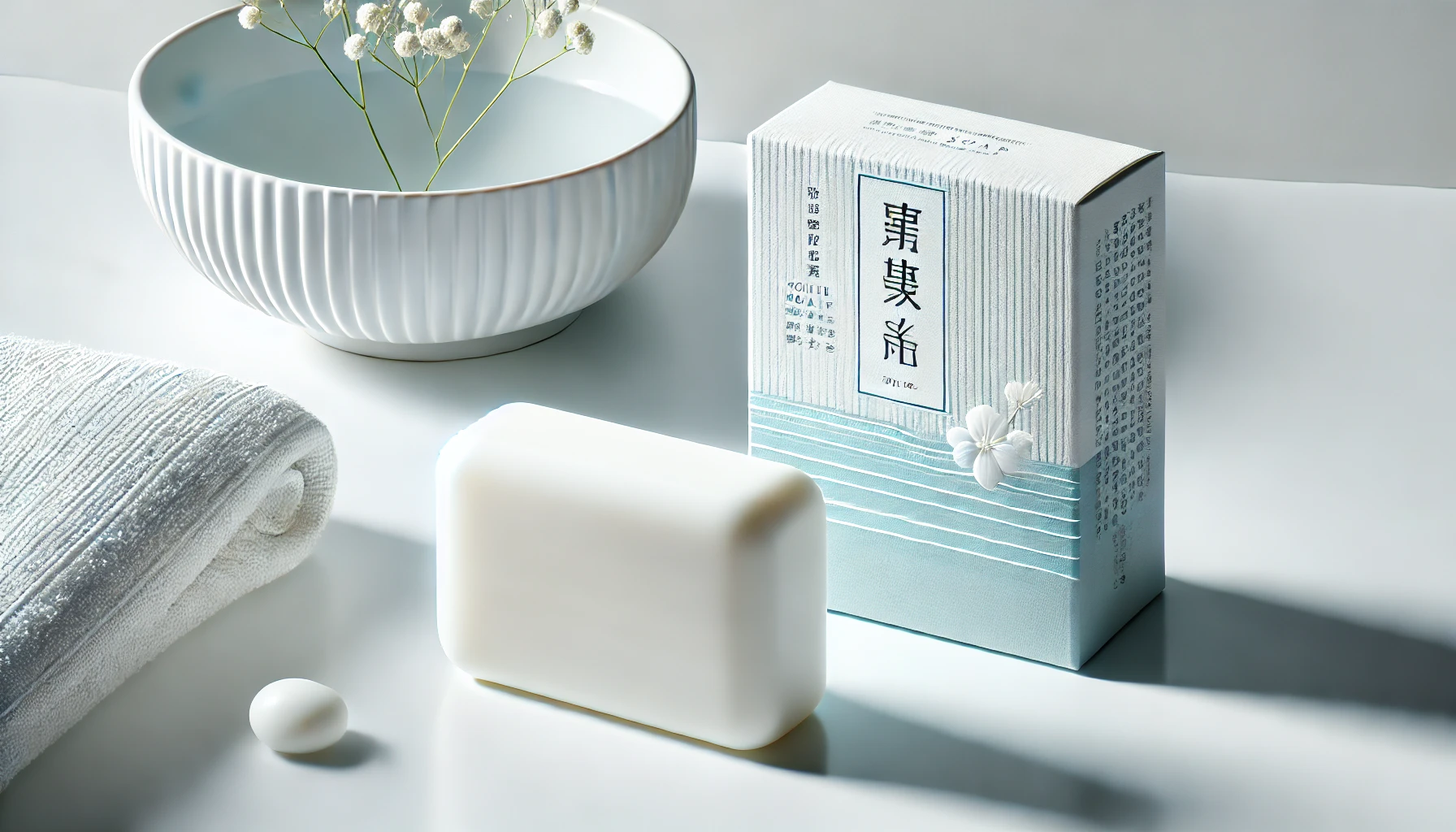 A simple and elegant product photo of a white solid soap with a blue box featuring minimalist design and text. The soap is surrounded by a clean, bright, and modern setting with a hint of freshness, representing a high-quality Japanese skincare product. The image is horizontal (16:9).