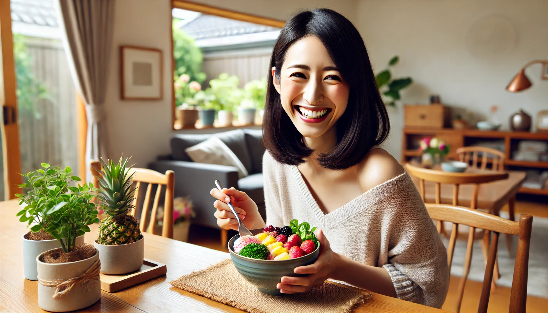 A joyful Japanese woman at home, sitting by a dining table, enjoying a homemade acai bowl with vibrant toppings, smiling and looking satisfied. Cozy interior, bright and cheerful ambiance, 16:9 aspect ratio.