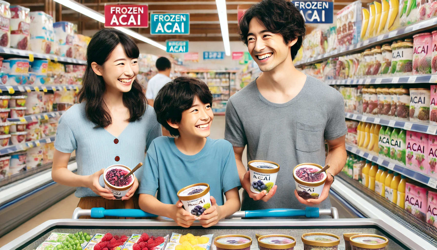 A Japanese family shopping for frozen acai products in a supermarket aisle, with a focus on their happy expressions and colorful packaging on the shelves. Bright and lively setting, realistic style, 16:9 aspect ratio.